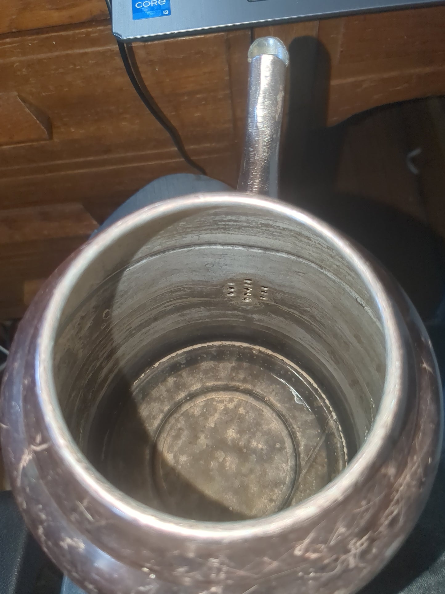 Vintage Mirror Water Kettle" The Finest Aluminum" 2 1/2 Quart Copper tone with Black Handle alum1