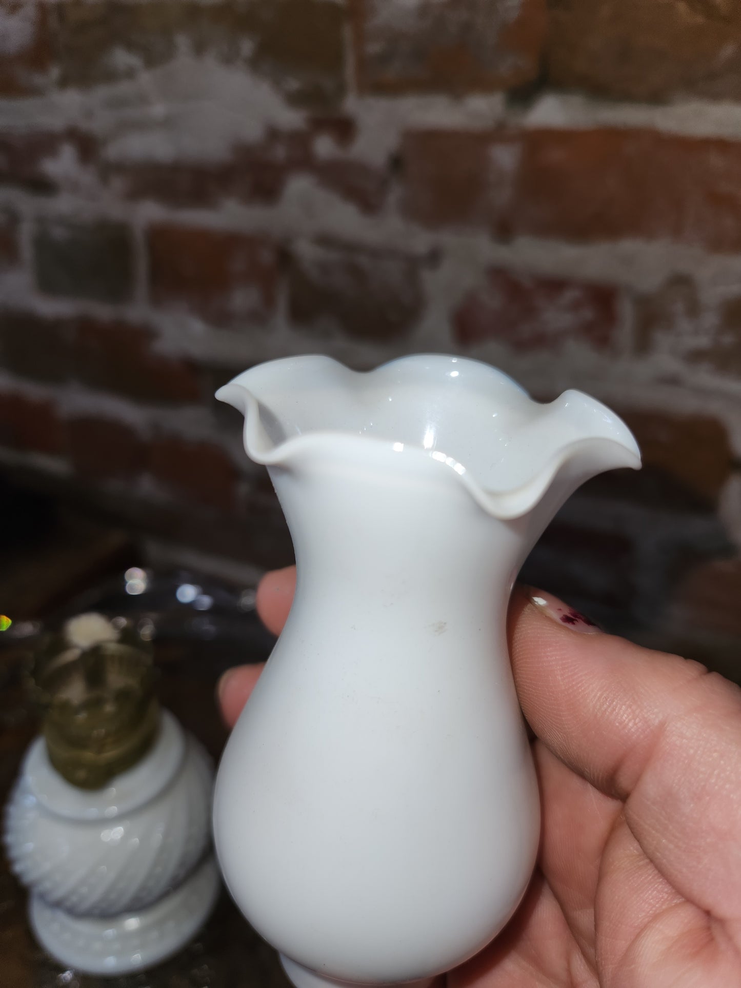 Vintage Enesco Miniature Round Hobnail Milk Glass Oil Lamp 8” lamp4
