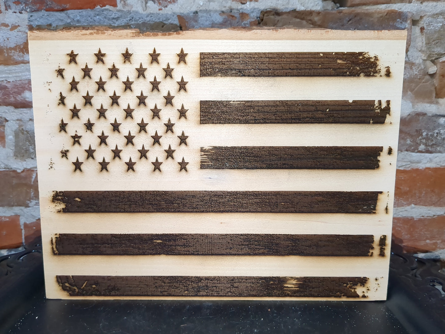 Live edge slab wood worn flag laser engraved ew52
