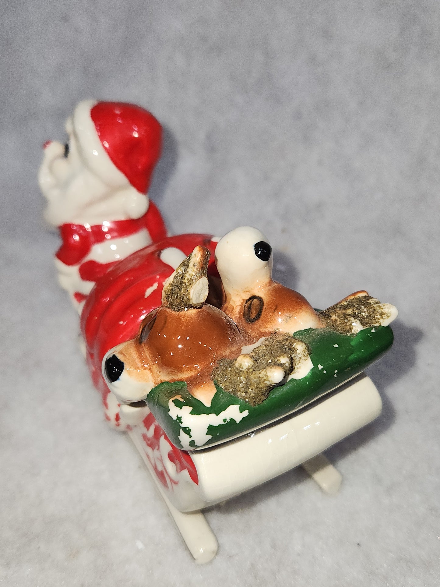 Vintage Kreiss Santa Pulling His Sleigh While his Reindeer are Snoozing inside Sleigh planter candy dish