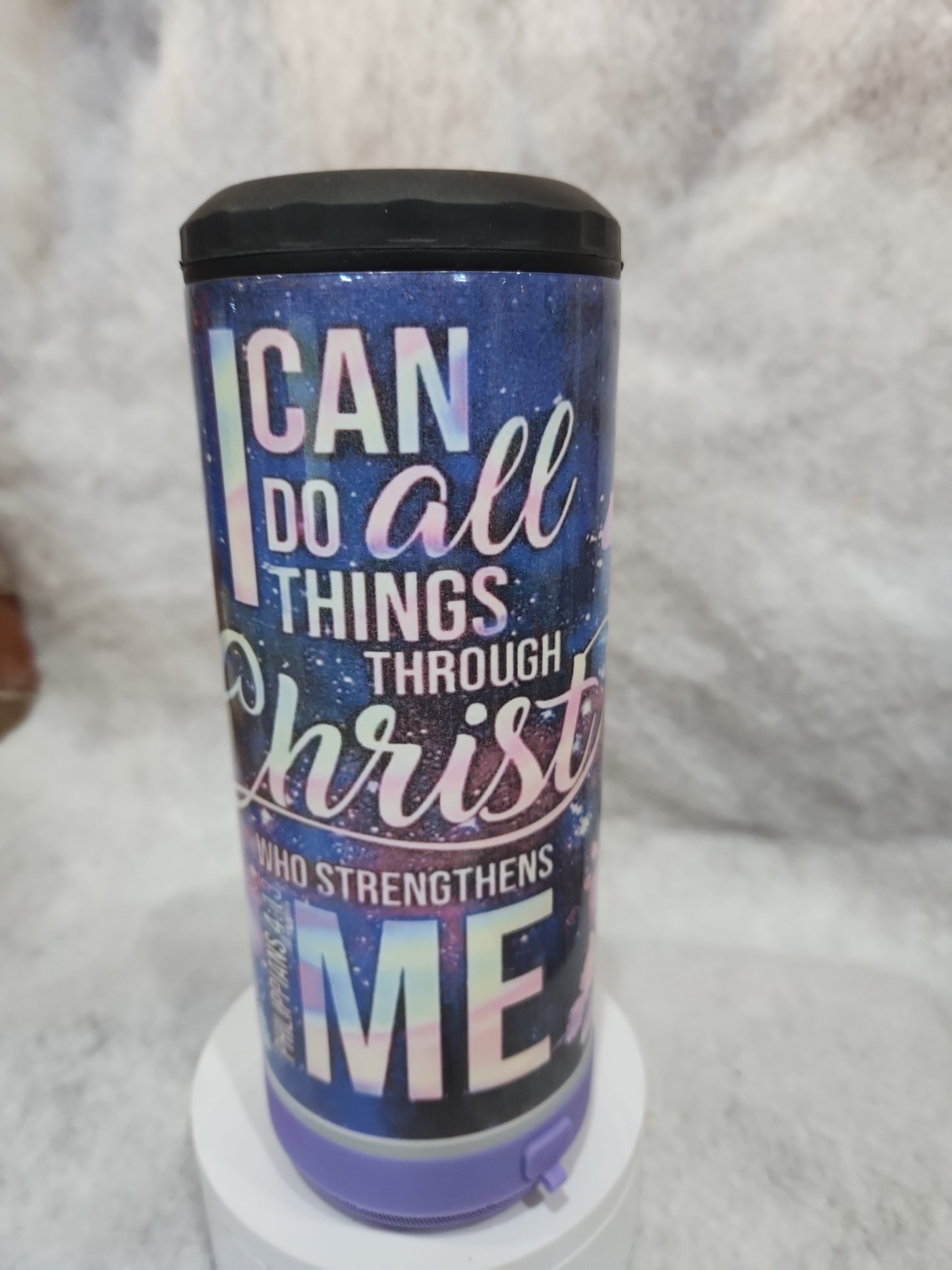 17 oz Steel Insulated Can Cooler, Tumbler & Speaker I can do all things through God sp1