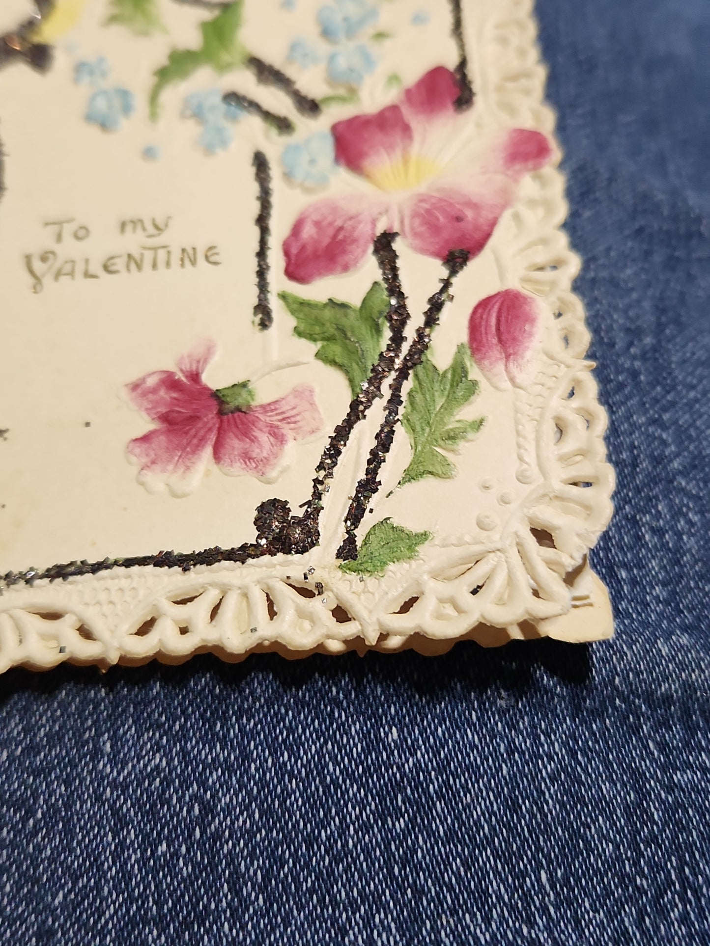 Antique Valentine Card Embossed, Mica, Flowers, To my Valentine