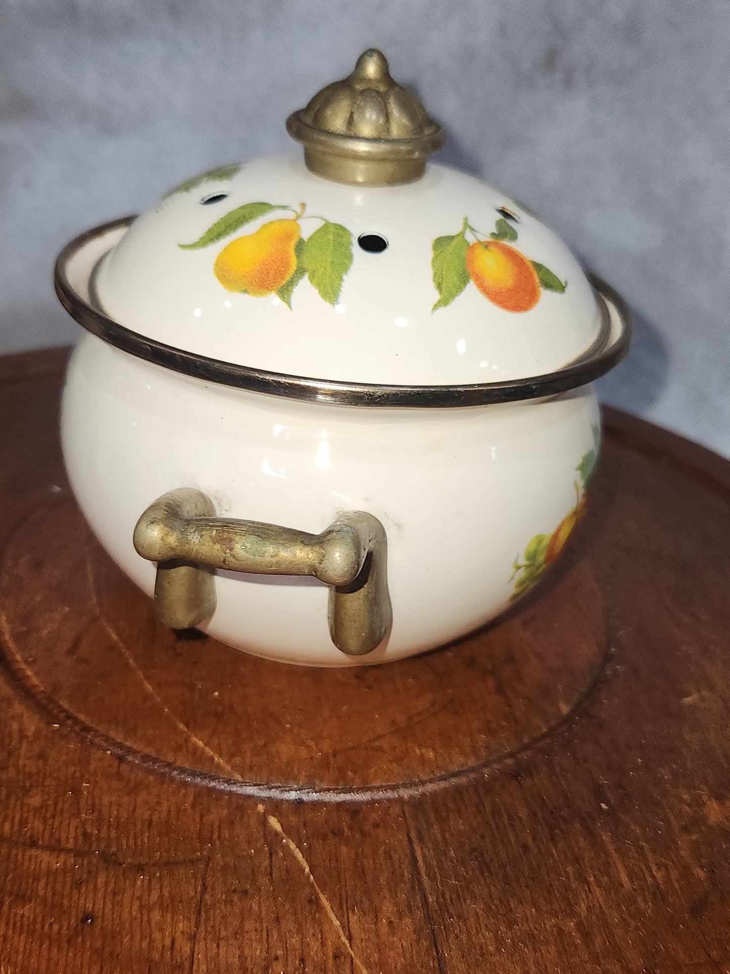 Claire Burke Enamel Potpourri Pot Brass Handles Fruit Designs pop8