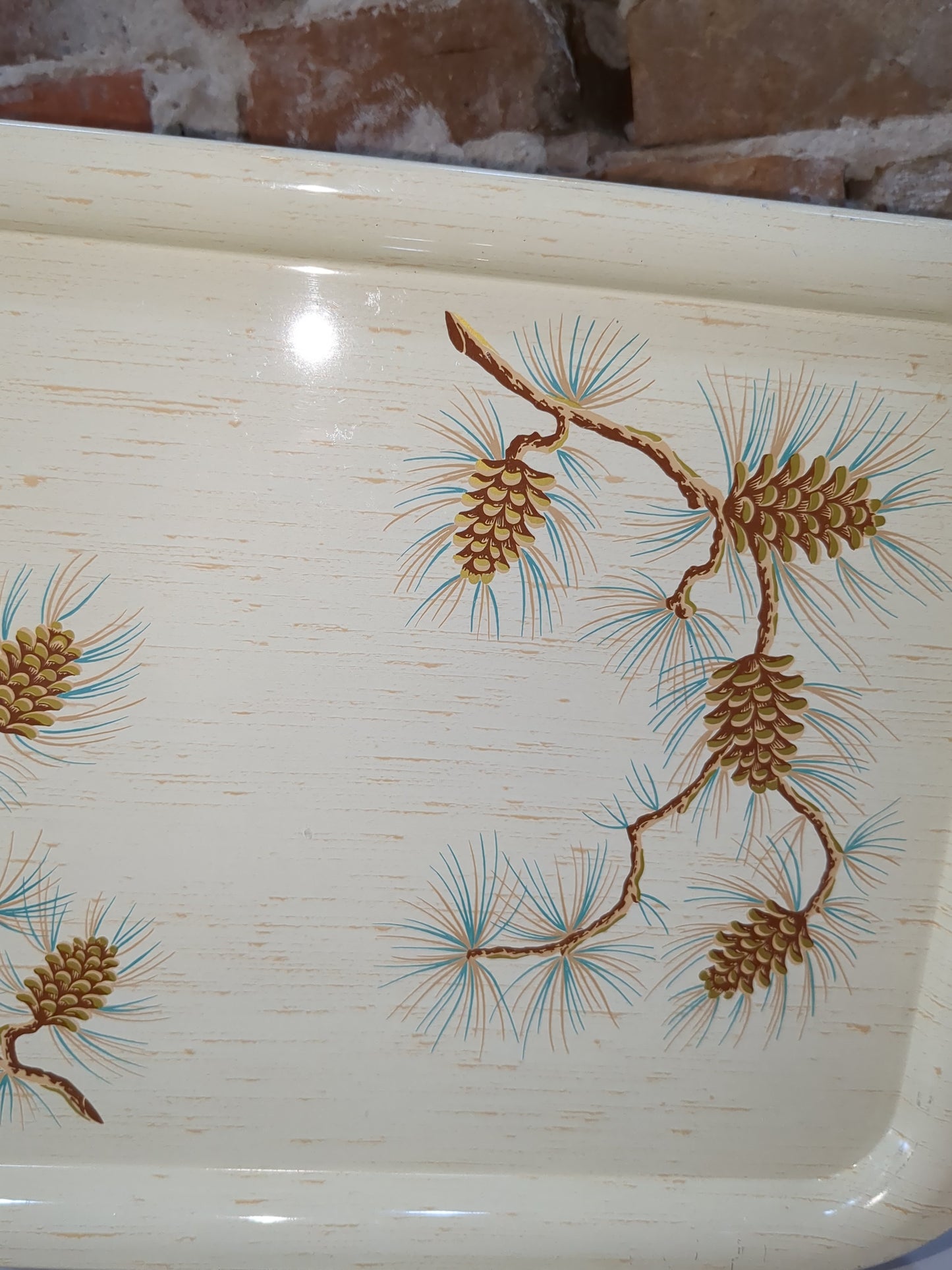 Vintage MCM Turquoise, brown, cream, buttery yellow Pine Cone Metal Serving Tray