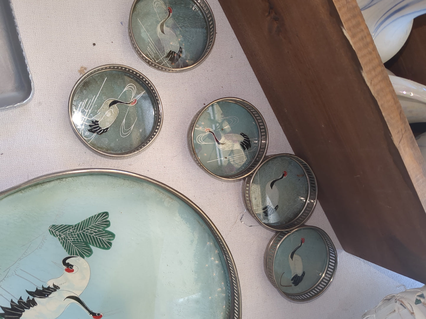 Vintage glass serving tray made in Japan with sandhill cranes on it includes five coasters