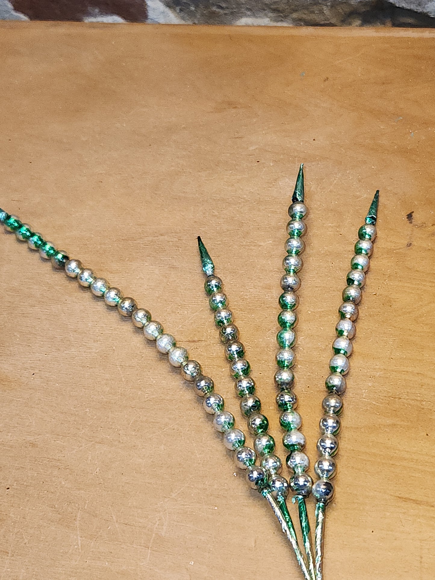 Vintage Mercury Glass Bead Picks Silver Green Beads with Spikes Stems Picks