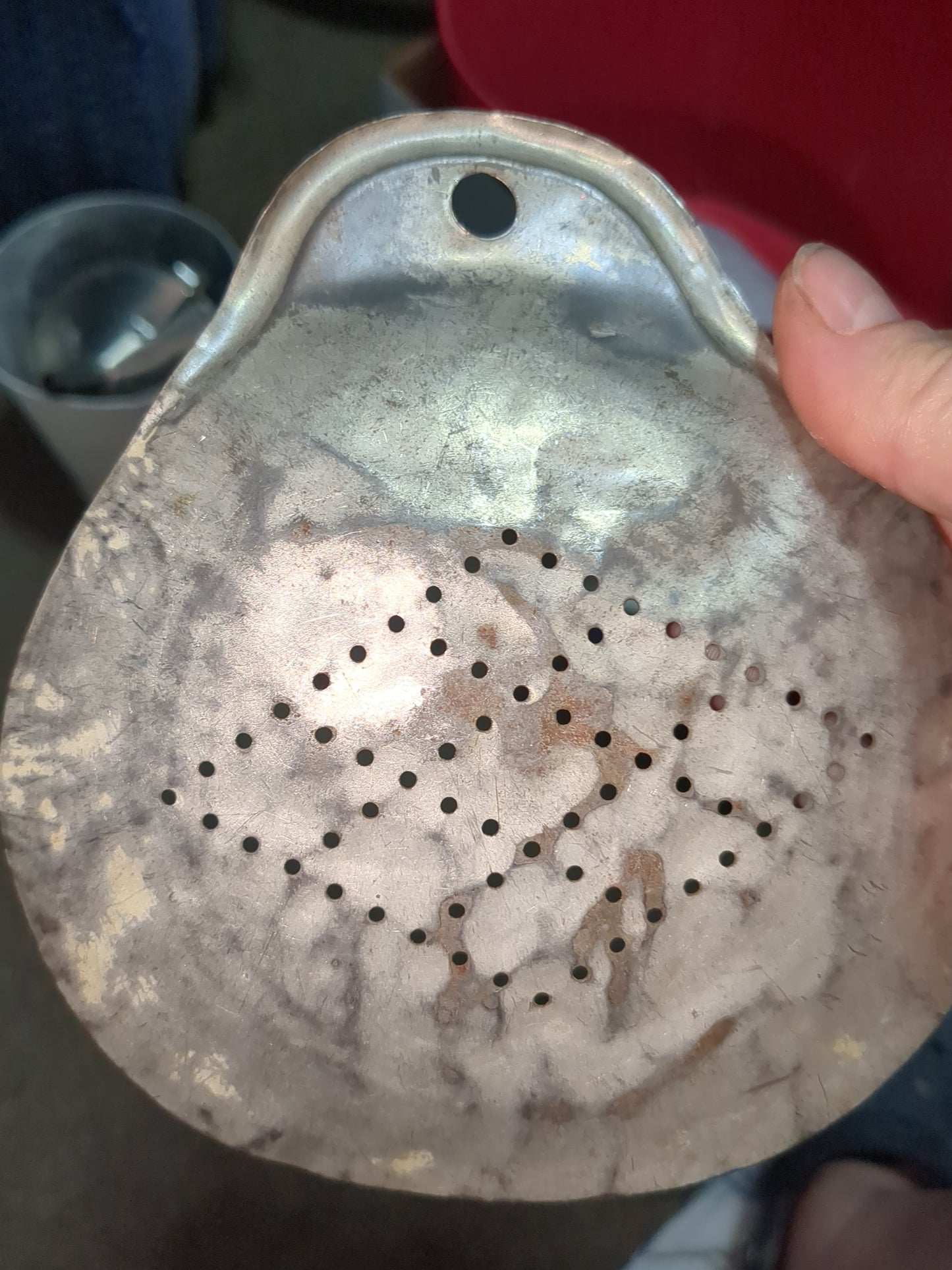 Antique primitive hand scoop milk skimmer tin hand scoop alu859
