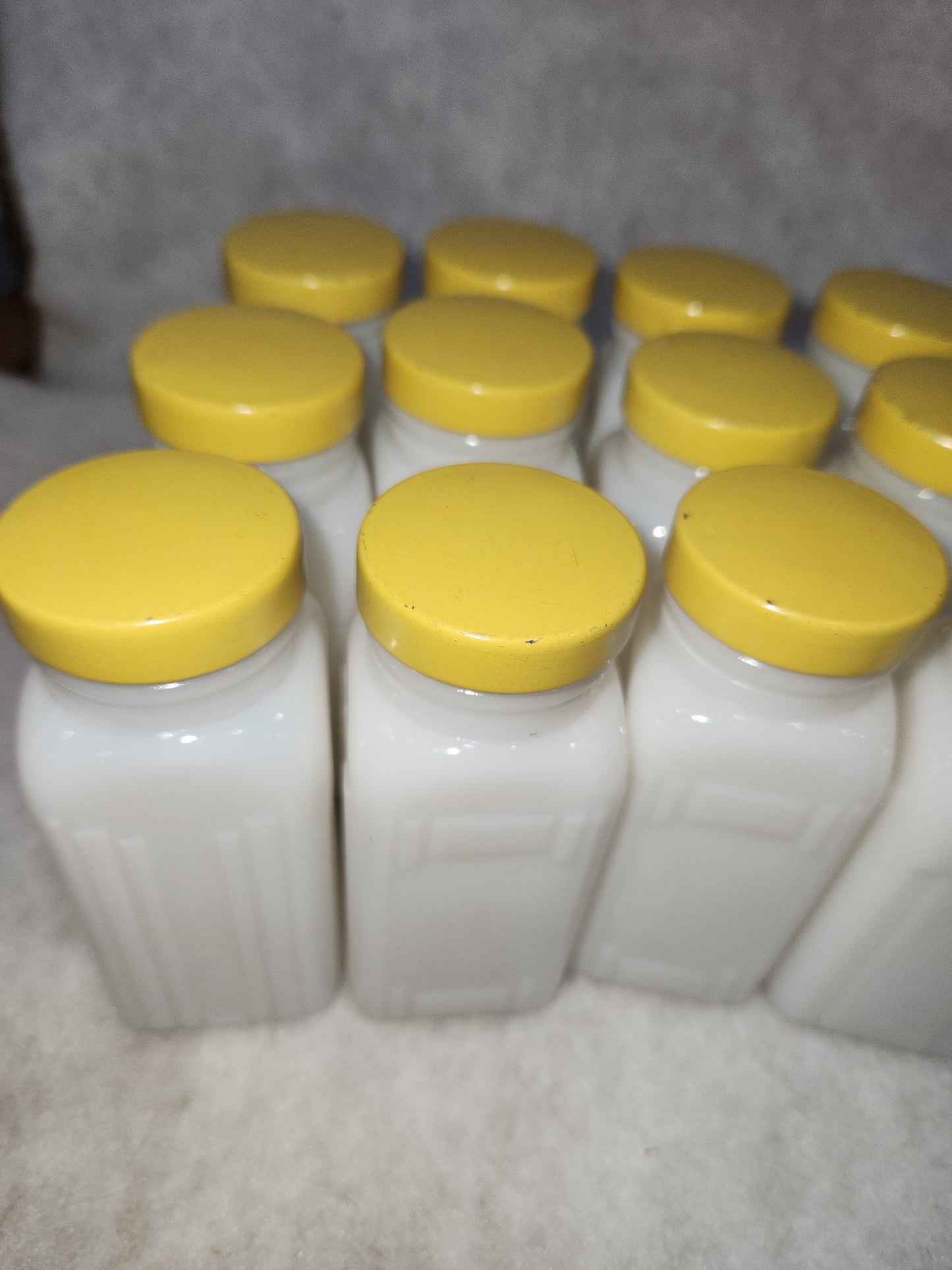 Vintage Milk Glass Spice jars Set Of 12 yellow lids mg78