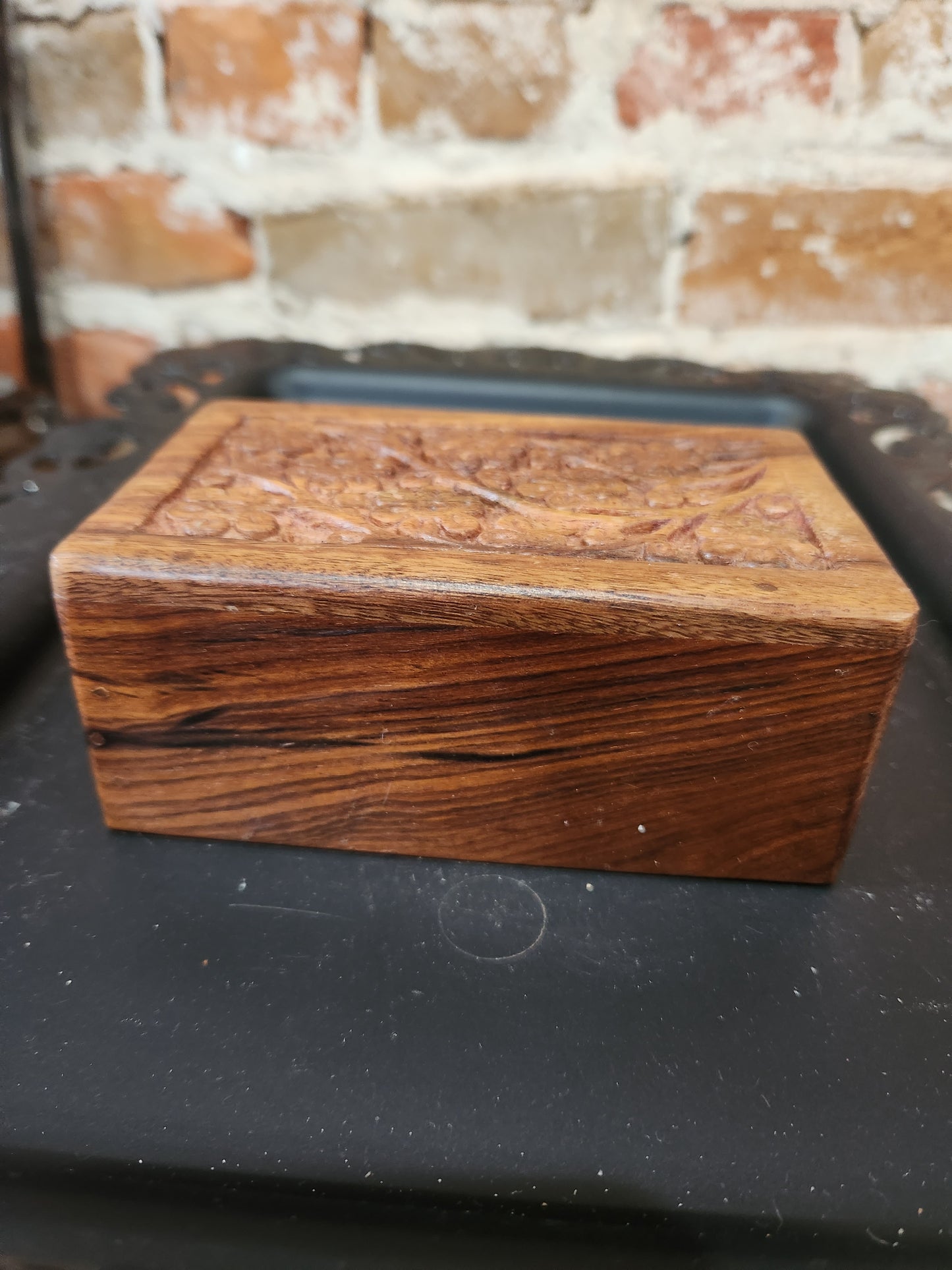 Vintage Hand Craved Wooden Box Lid Opening on Bottom Floral Design smaller of the two boxes box46