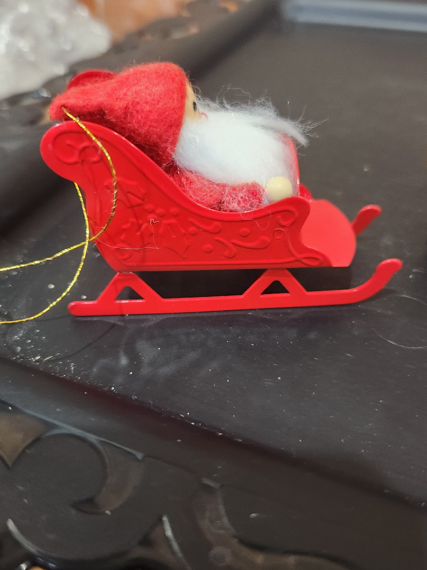 vintage set of 3 Avon Frolicking felt Santa ornaments sleigh rocking chair bike sfa3