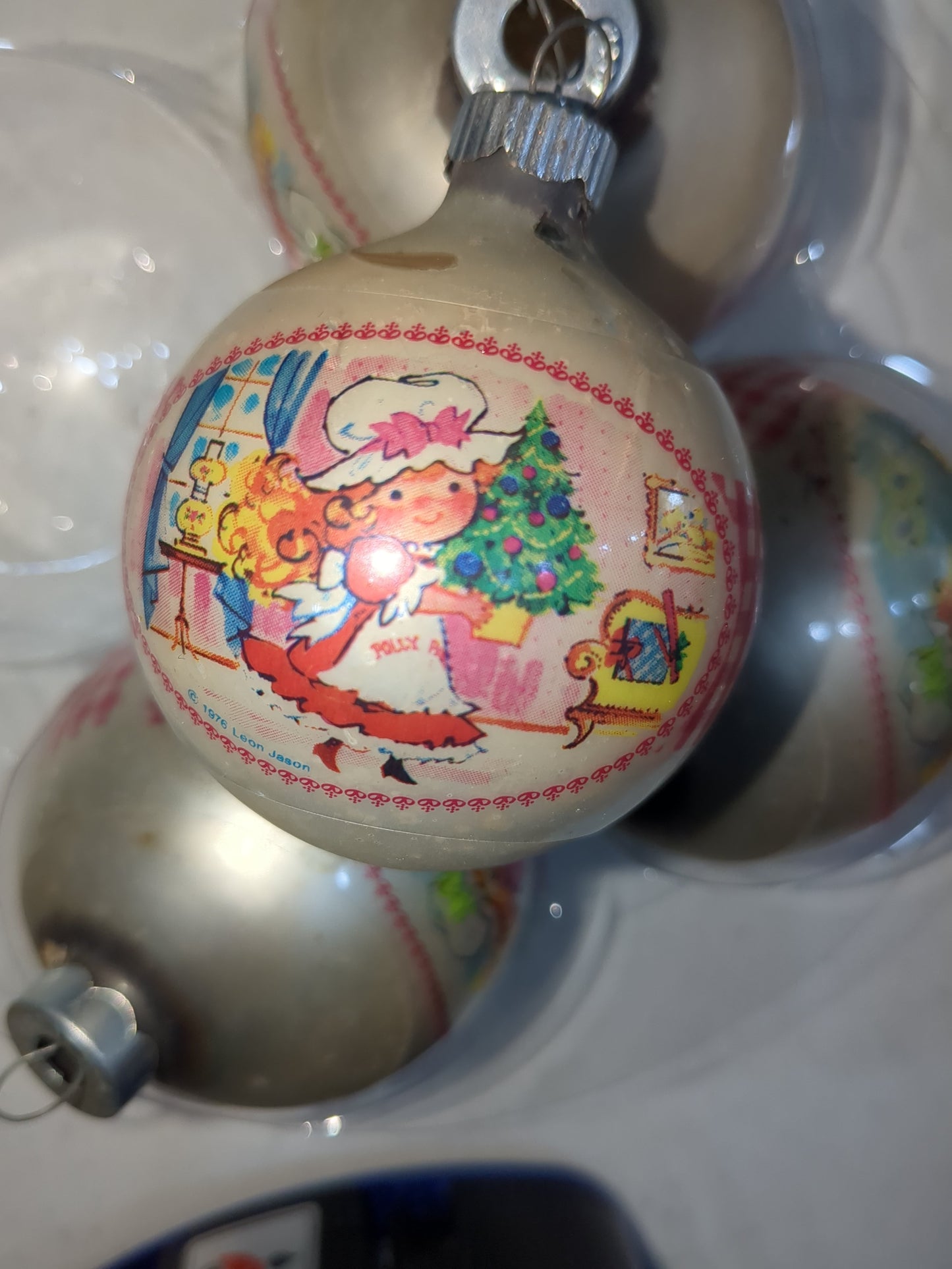 Vintage Coby Polly Pal Glass Christmas Ornaments set of three matching 3" and one 2 1/4" USA Made