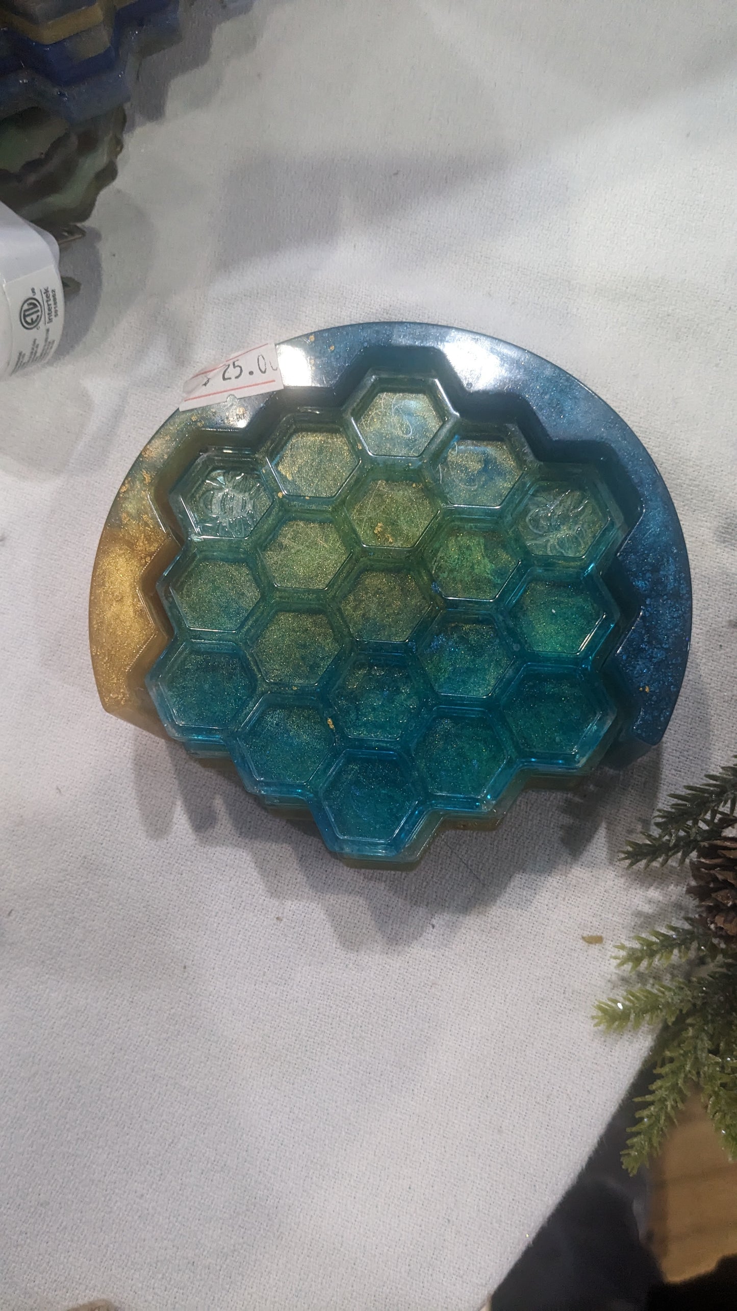 Coaster Set turquoise and gold honeycomb and Bee