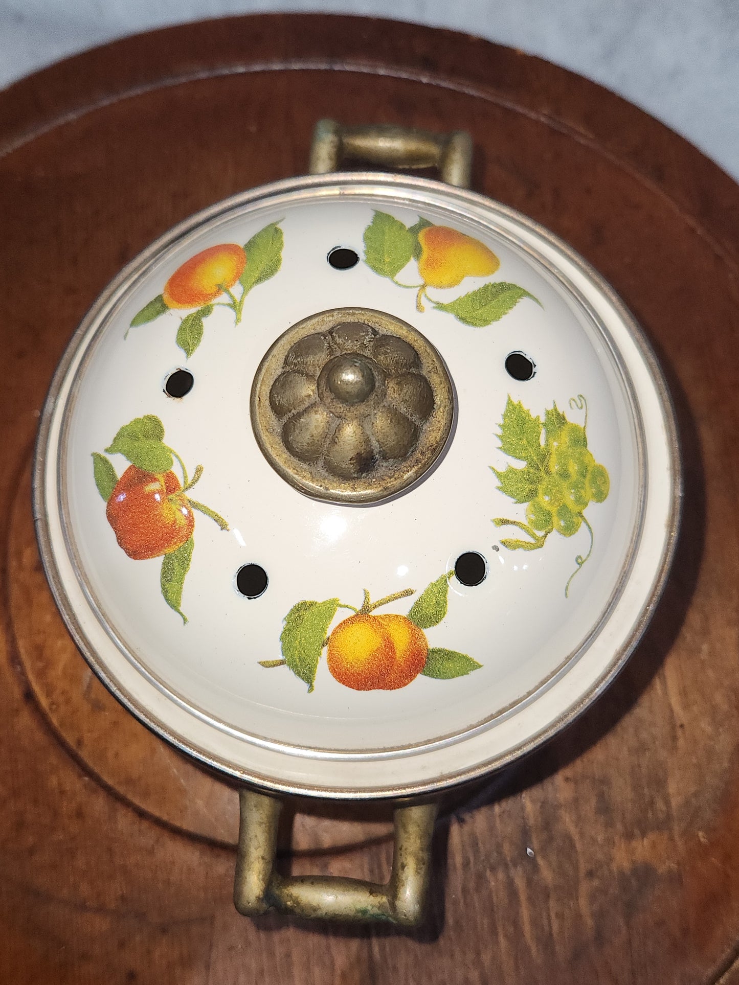 Claire Burke Enamel Potpourri Pot Brass Handles Fruit Designs pop8