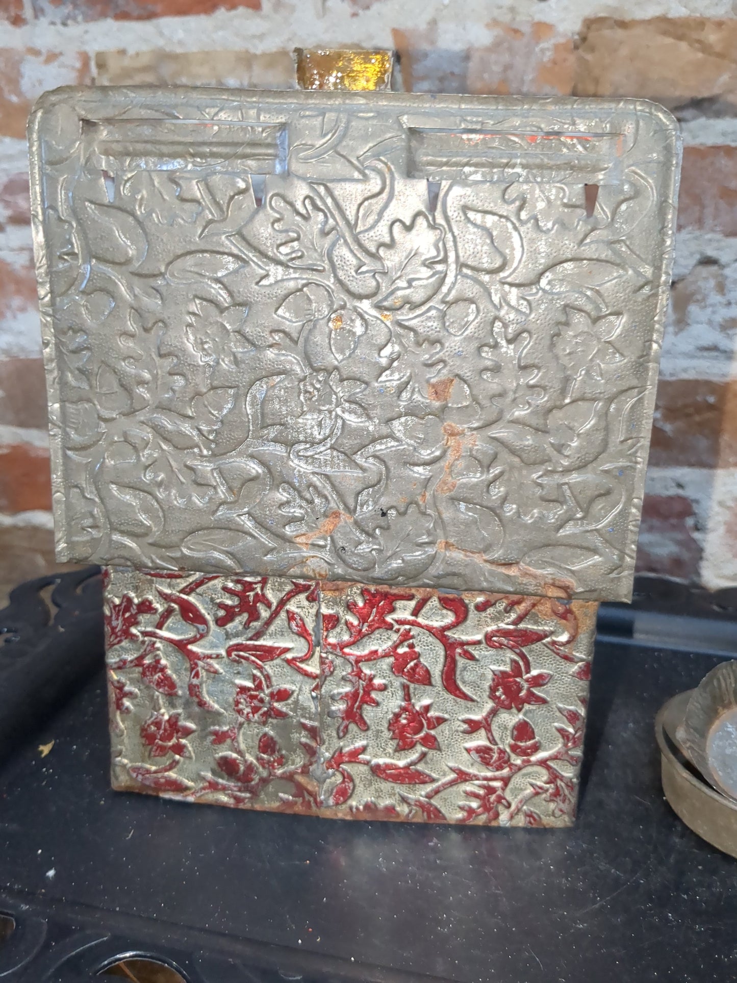 Antique German embossed wood stove with pans. Kid67