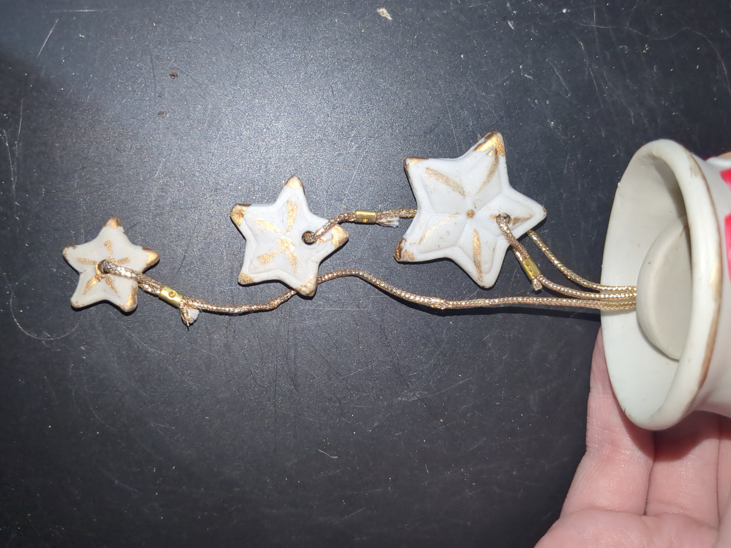 Vintage Jasco Christmas Chimes with Boy in Pajamas, a dog & ceramic stars Taiwan o2578