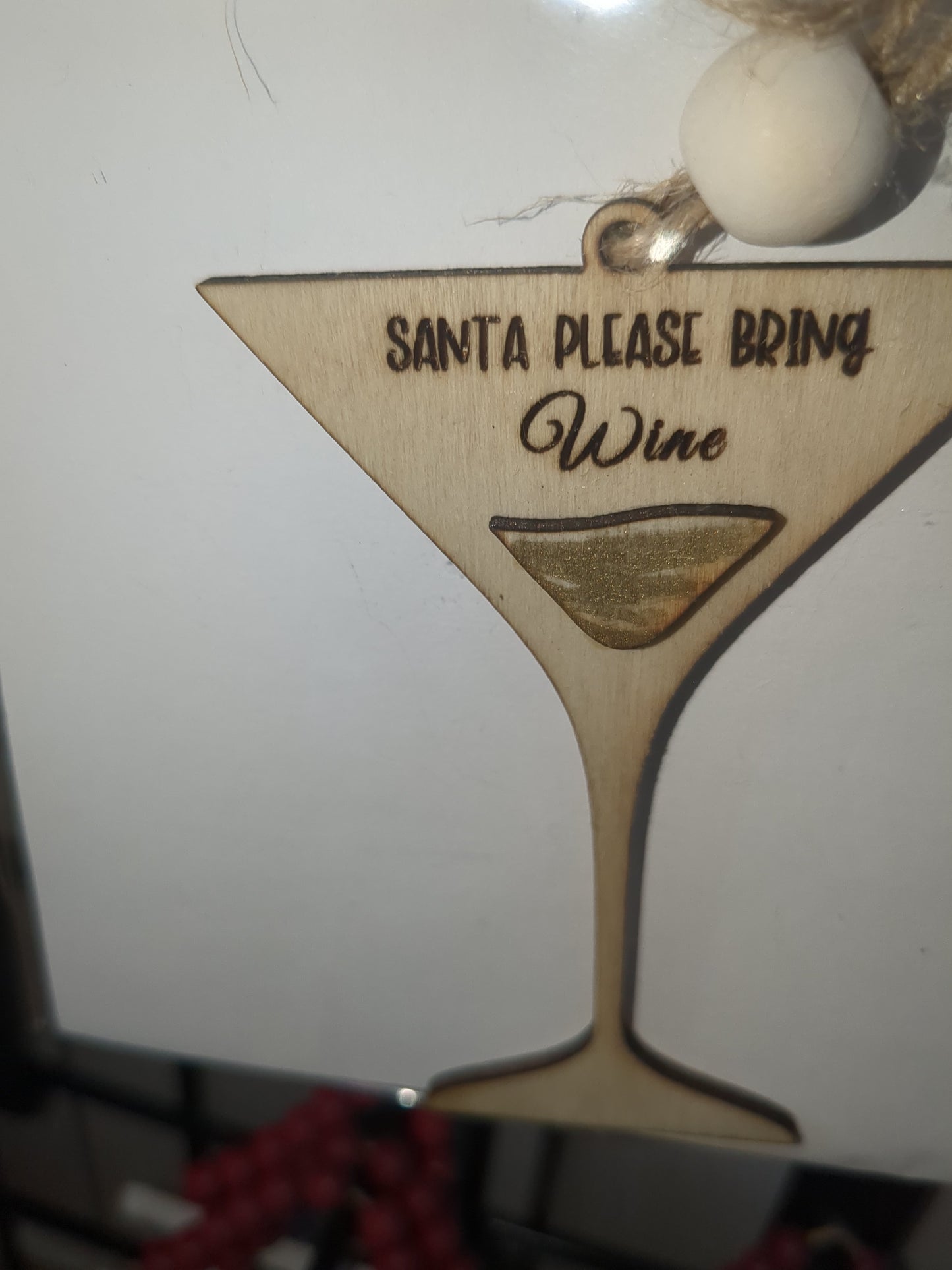 Ornament or car charm. Santa please bring wine. Wine glass