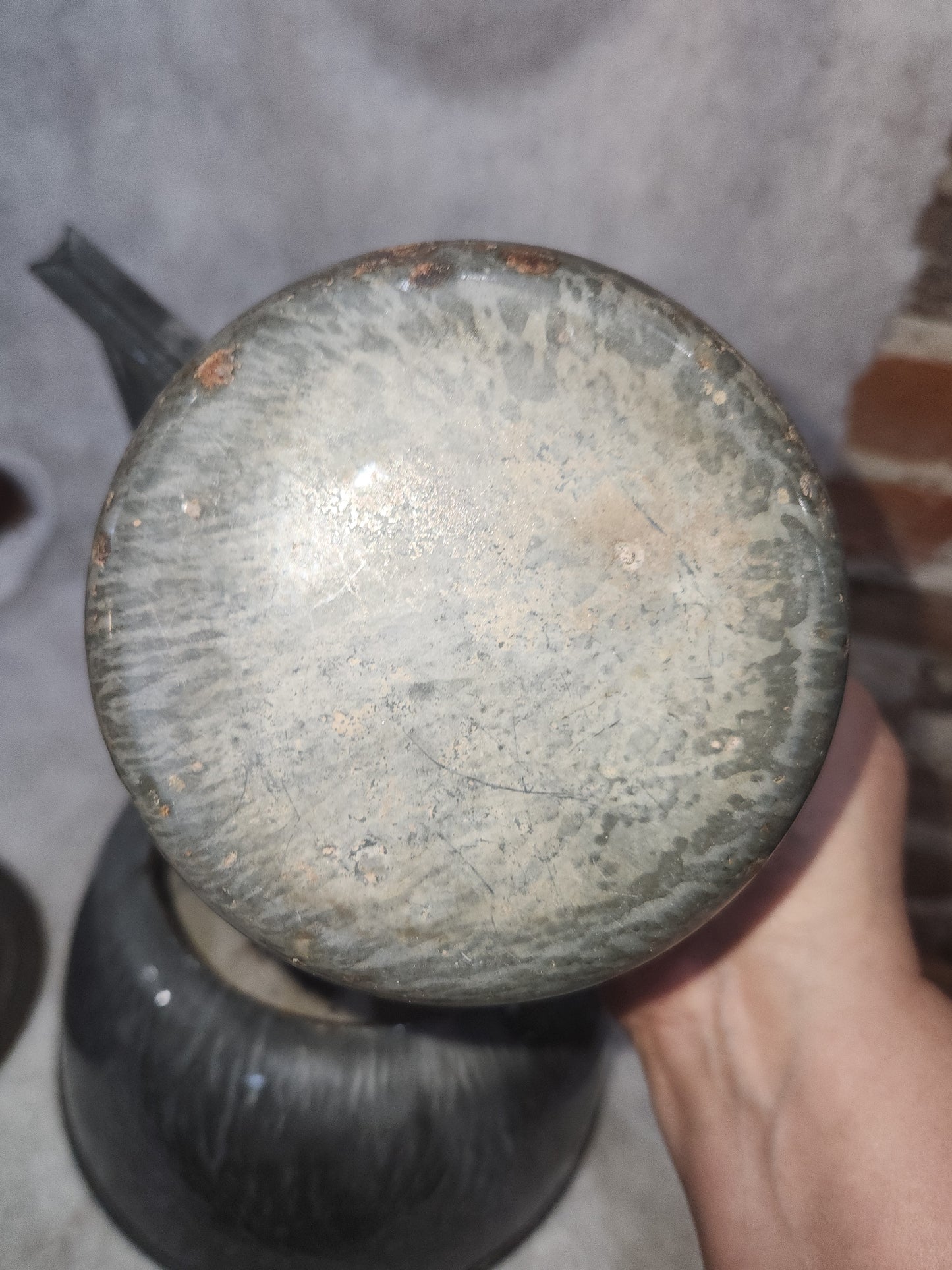 Vintage Primitive Graniteware Enamelware Double Boiler Pot Light Grey Dark Grey Speckled en88
