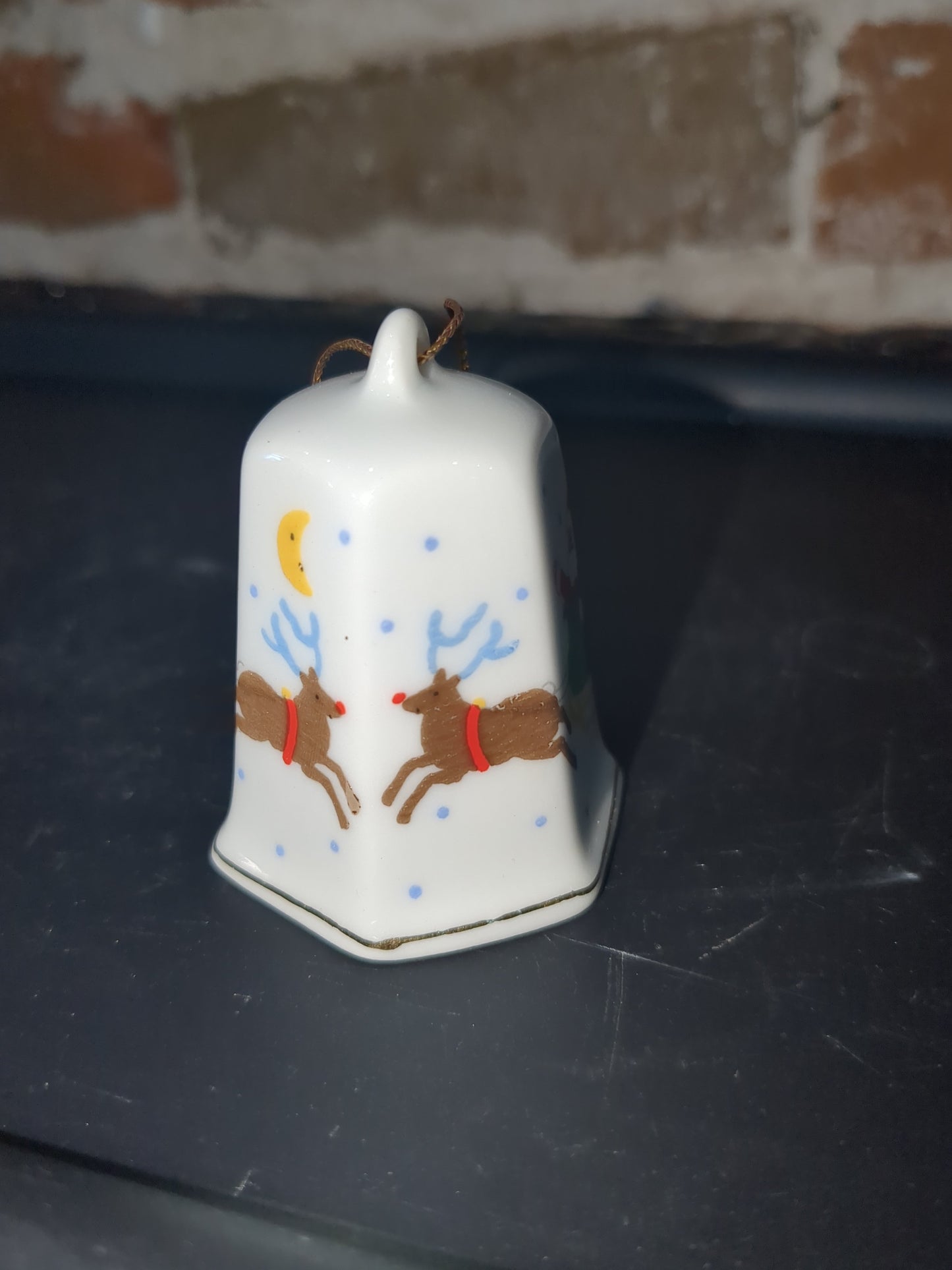 vintage Lillian Vernon Porcelain Bell 1986 Santa Sleigh Reindeer 2" Christmas Ornament bell56