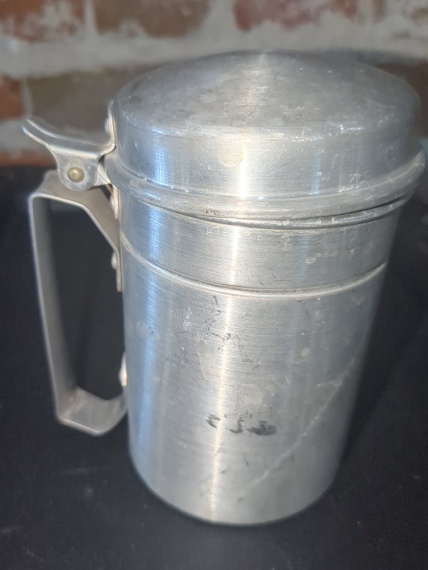 Vintage aluminum syrup pitcher with flip top lid alu891