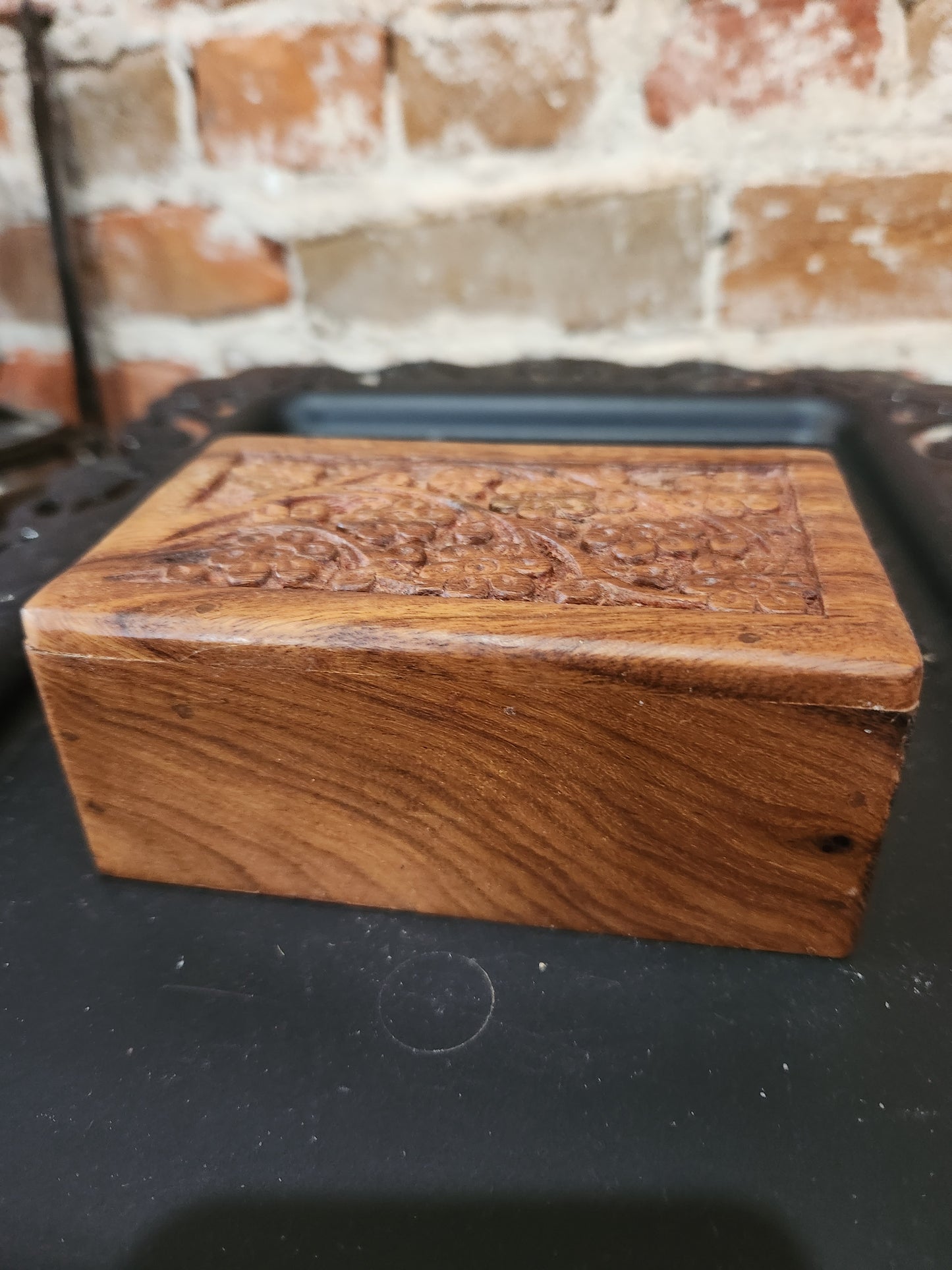 Vintage Hand Craved Wooden Box Lid Opening on Bottom Floral Design smaller of the two boxes box46