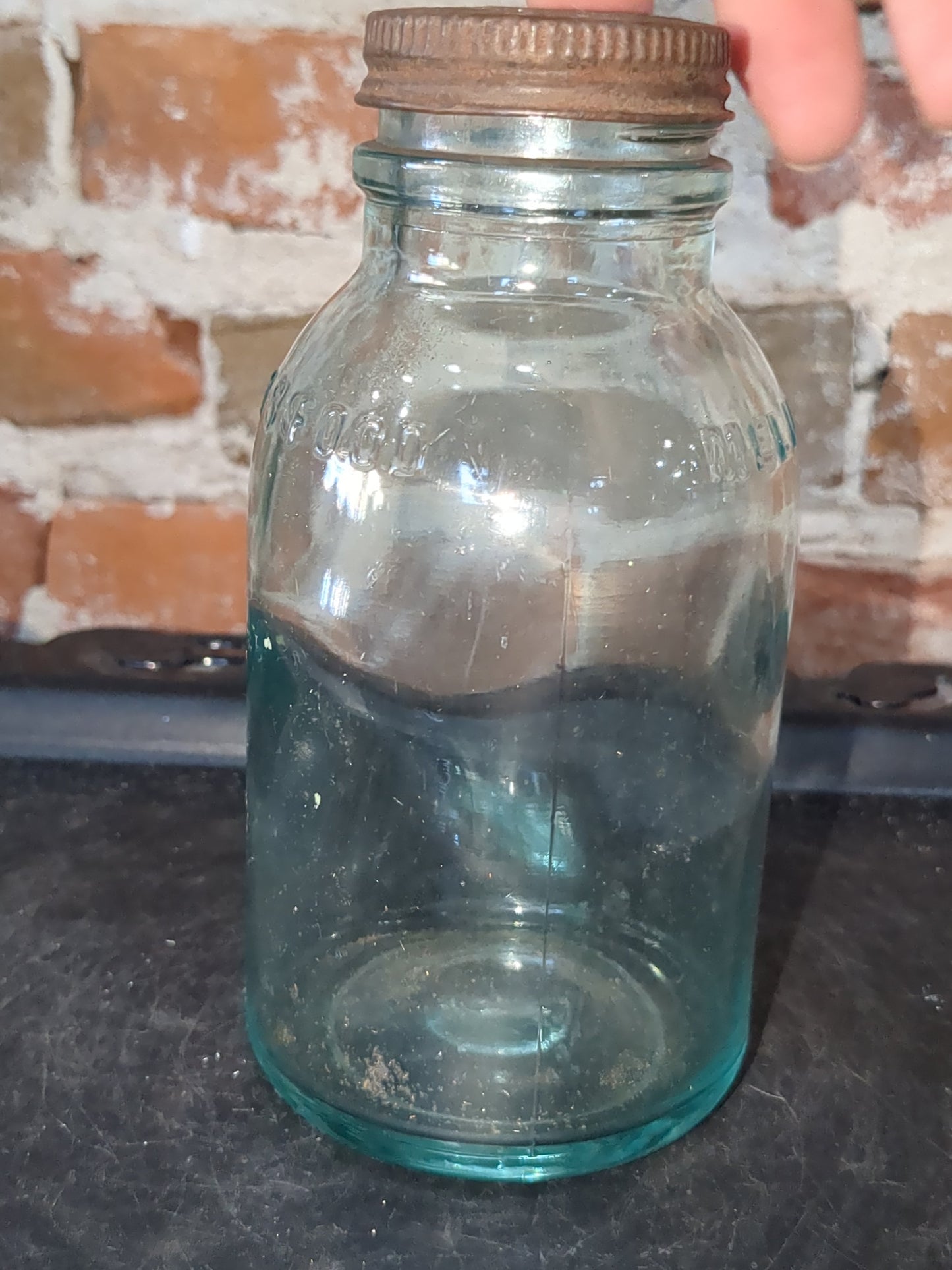Vintage Mellin's Food Co Boston 6" Bottle Jar Aqua Blue Glass with lid Mellins bt87