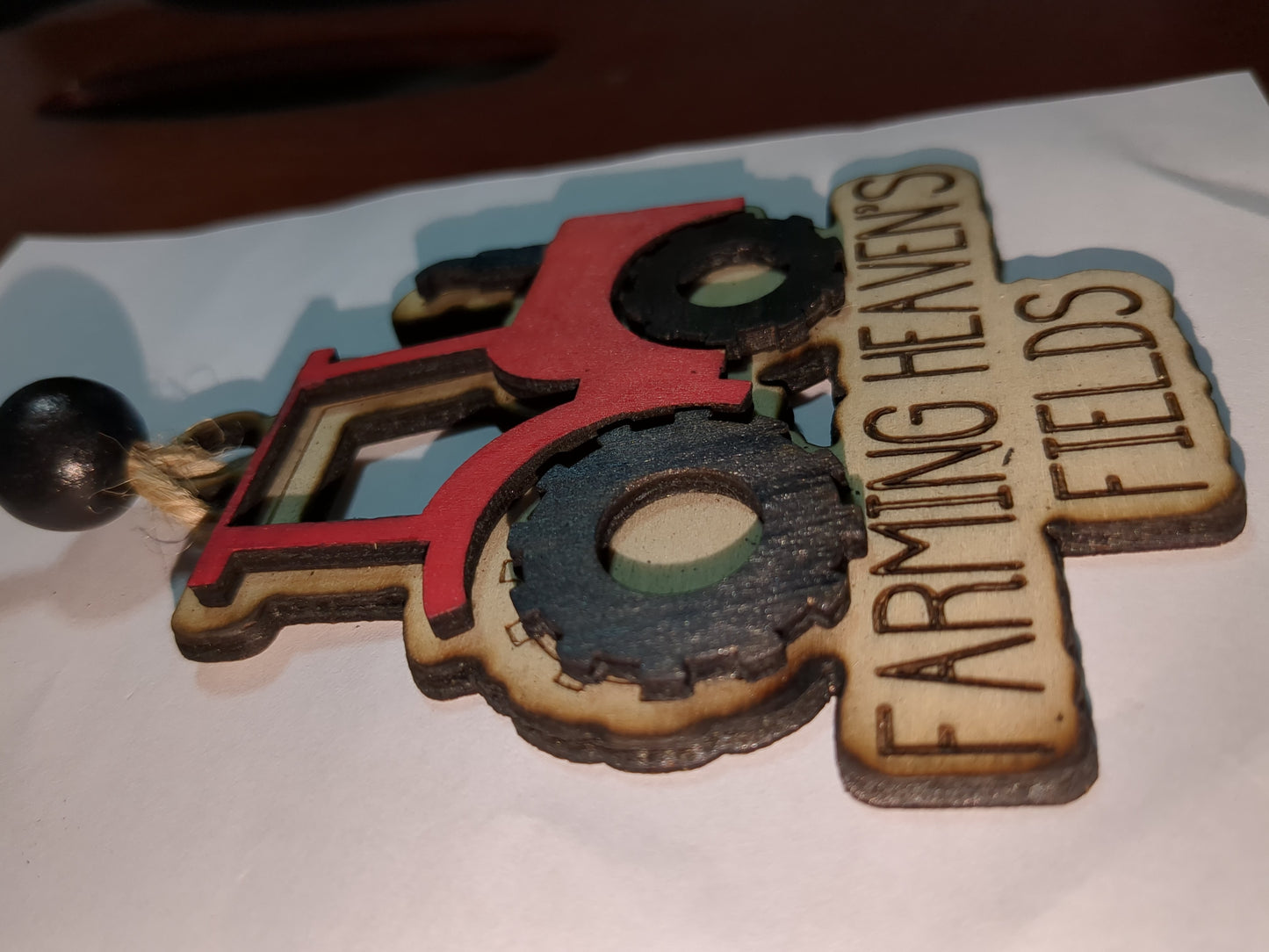 Ornament or car charm memorial red tractor "Farming Heaven's Fields"