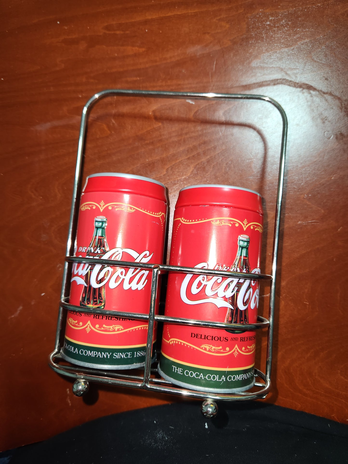 Coca-Cola Coke Collector Metal Can Salt and Pepper Shakers with Caddy Without Box cc109