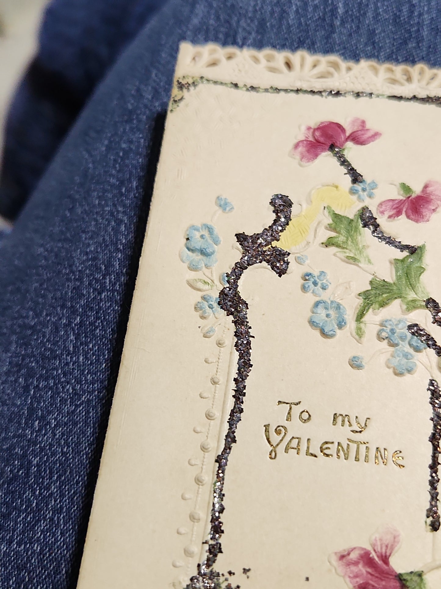 Antique Valentine Card Embossed, Mica, Flowers, To my Valentine