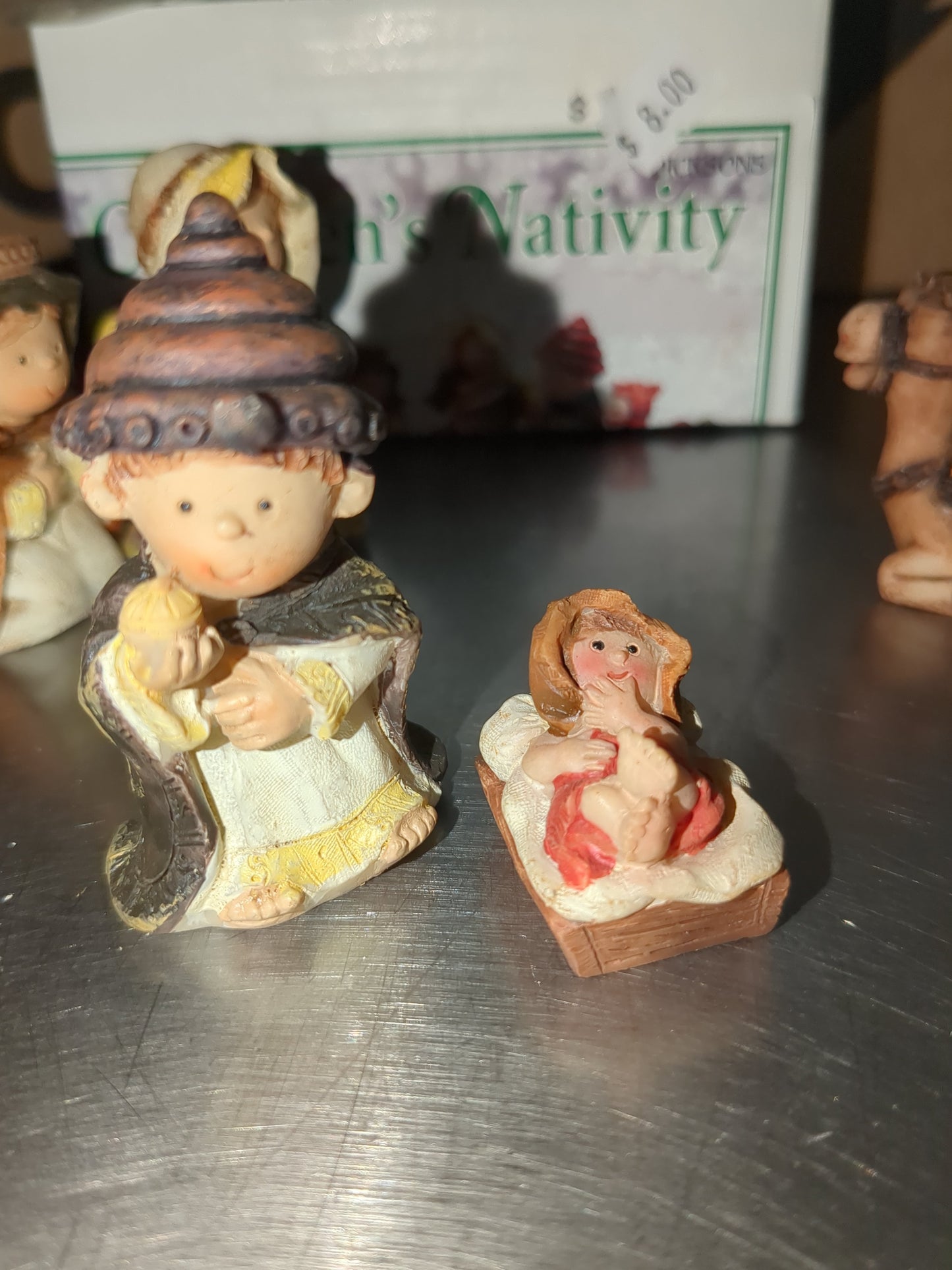 vintage Dixon's children Nativity. Made of resin, 2 and 1/4 in high, and seven pieces cn1