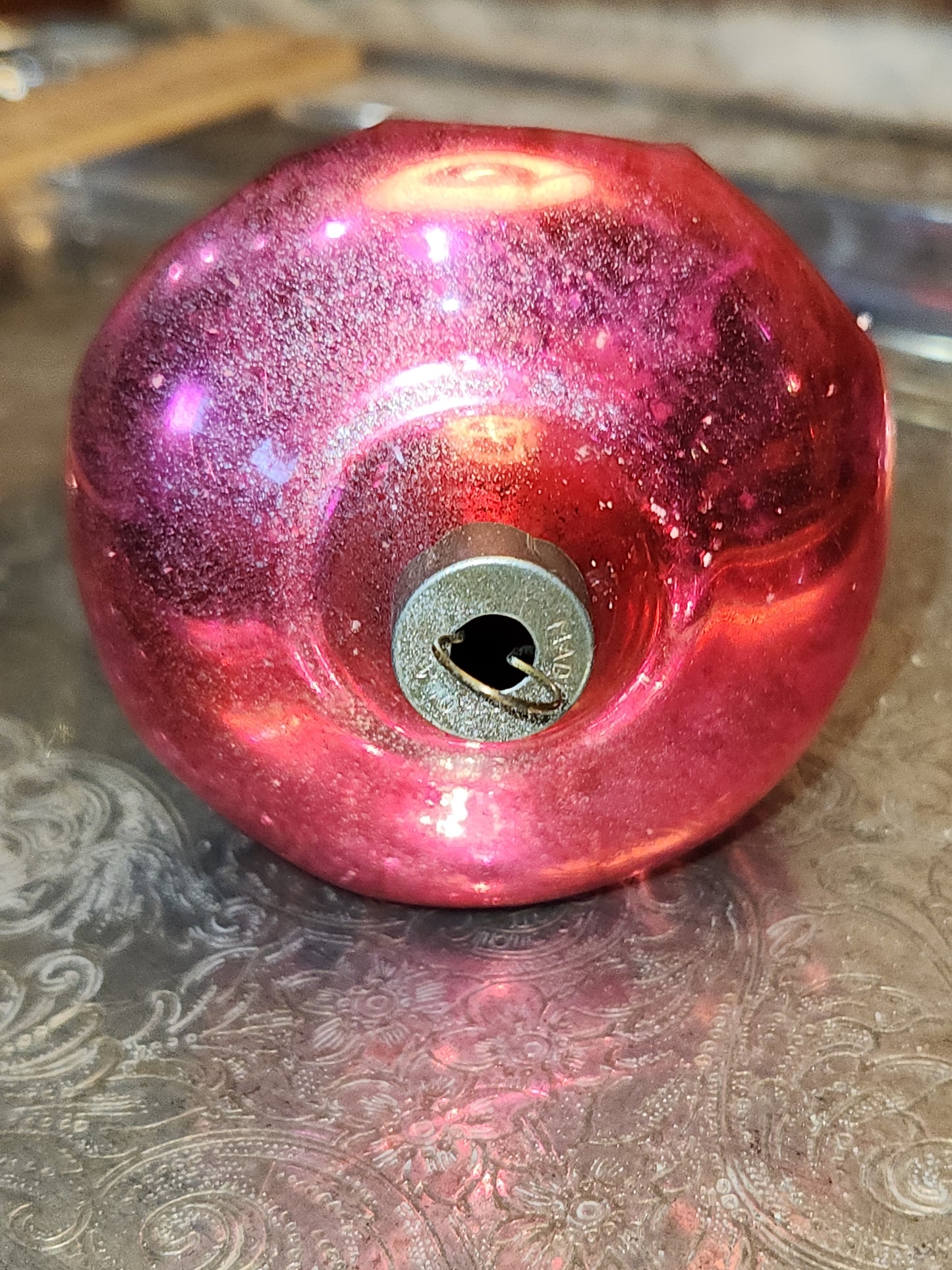 Vintage Shiny Brite Parachute Glass Ornament Hot Pink Made in USofA AS IS O1