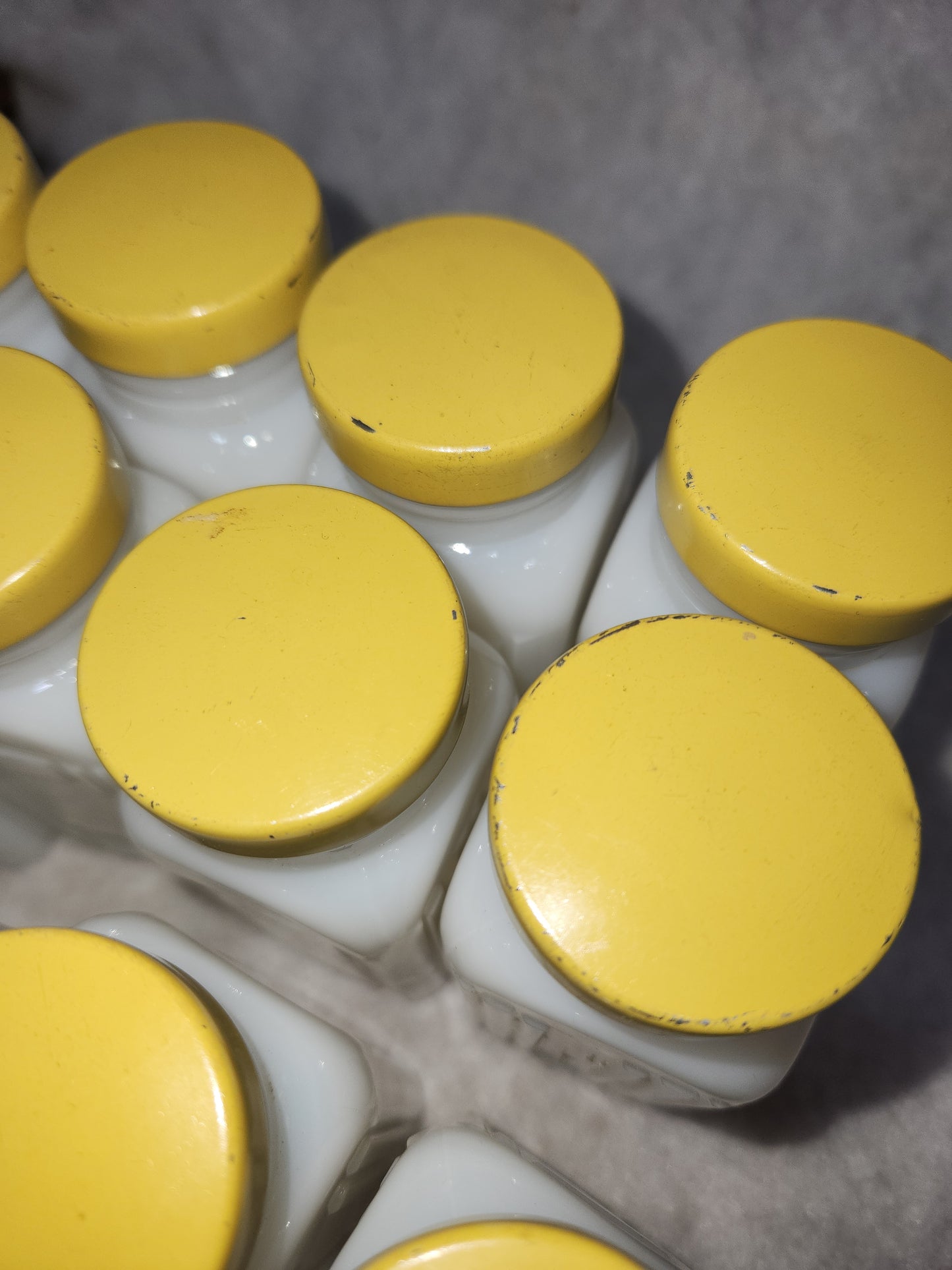 Vintage Milk Glass Spice jars Set Of 12 yellow lids mg78