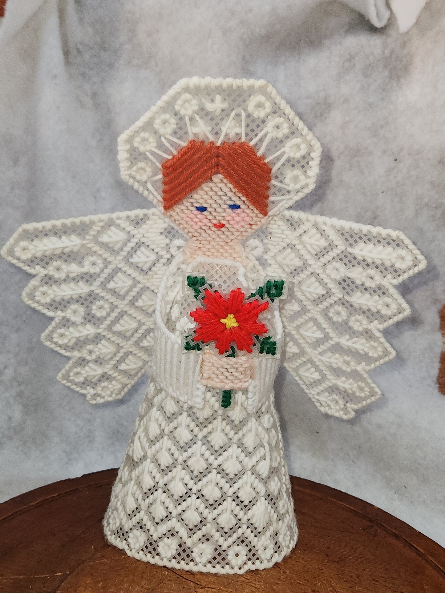 Vintage Handmade Canvas Angel Tree Topper Poinsettia ch787