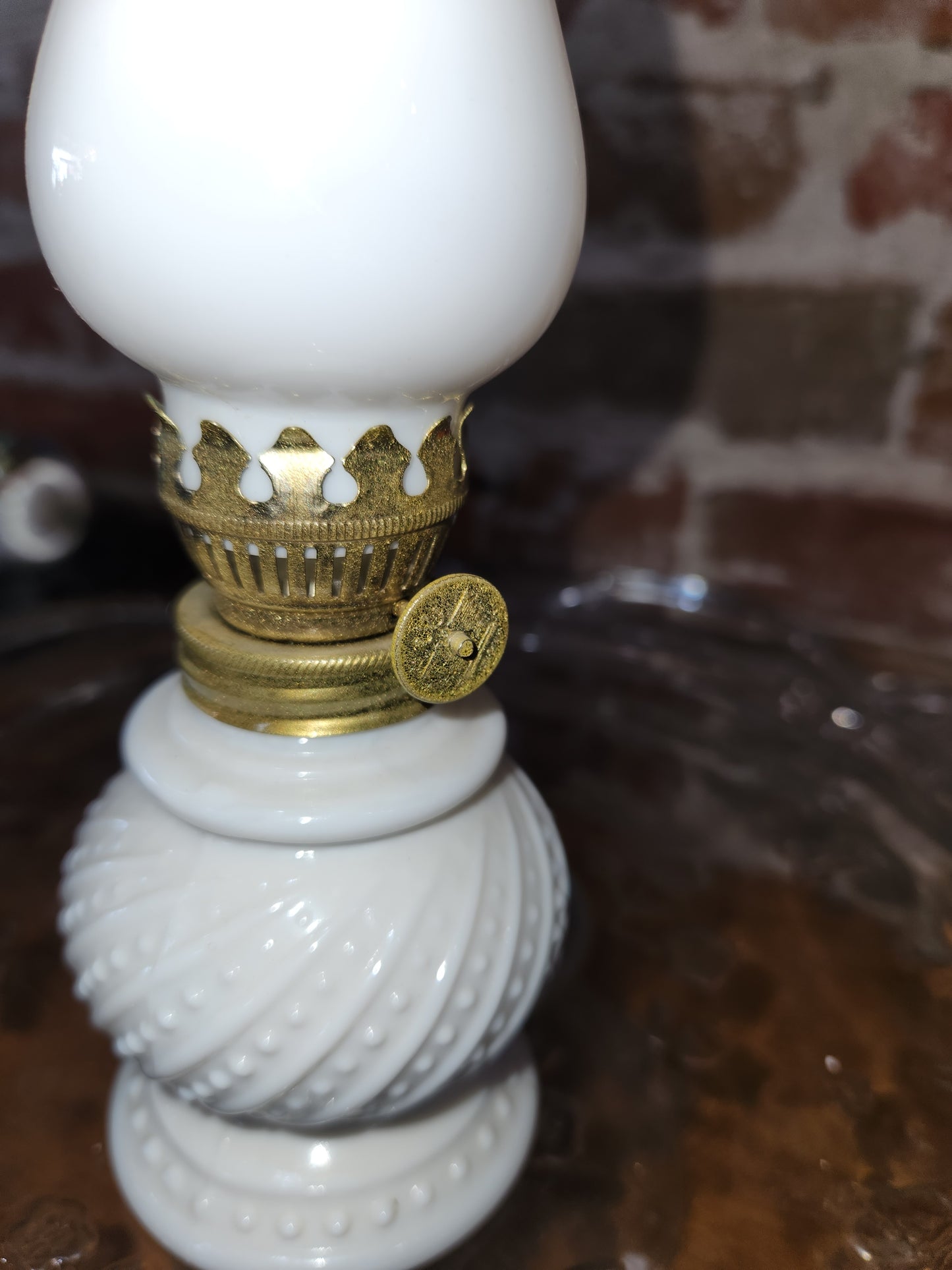 Vintage Enesco Miniature Round Hobnail Milk Glass Oil Lamp 8” lamp4