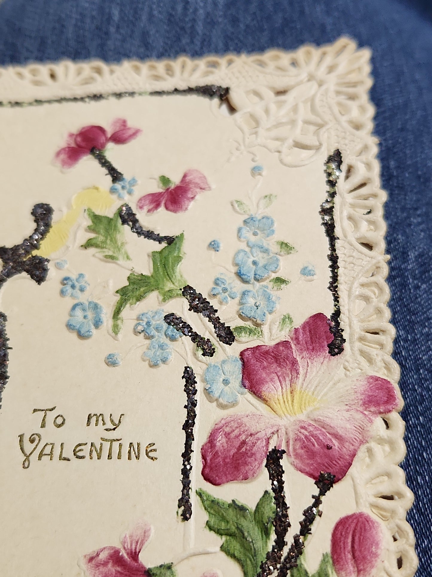 Antique Valentine Card Embossed, Mica, Flowers, To my Valentine