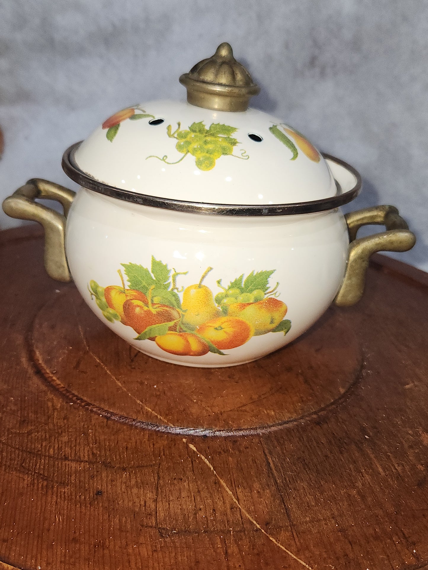 Claire Burke Enamel Potpourri Pot Brass Handles Fruit Designs pop8
