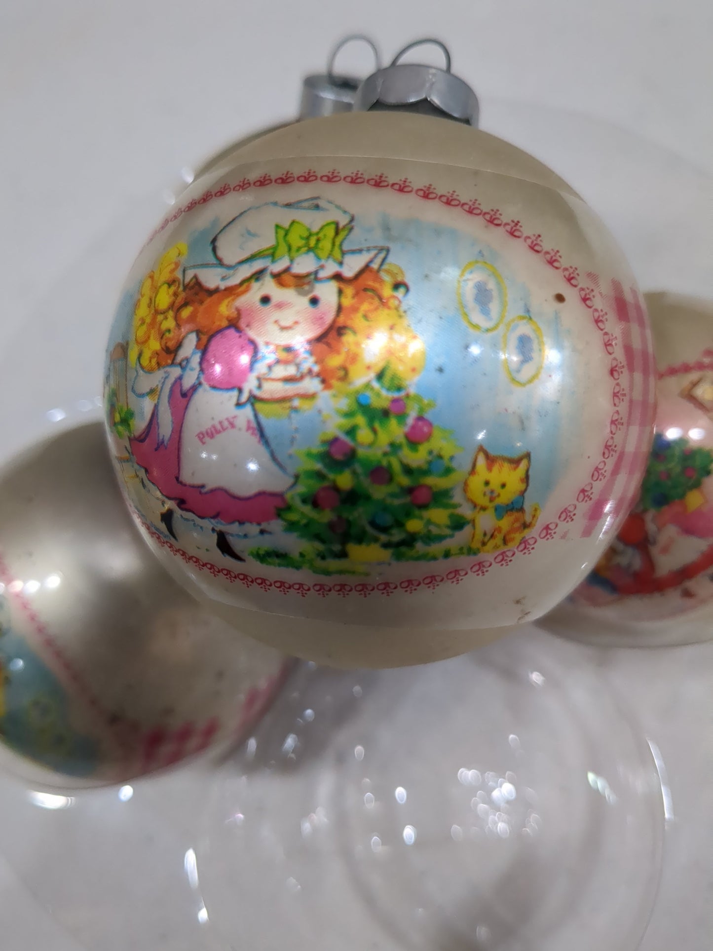 Vintage Coby Polly Pal Glass Christmas Ornaments set of three matching 3" and one 2 1/4" USA Made