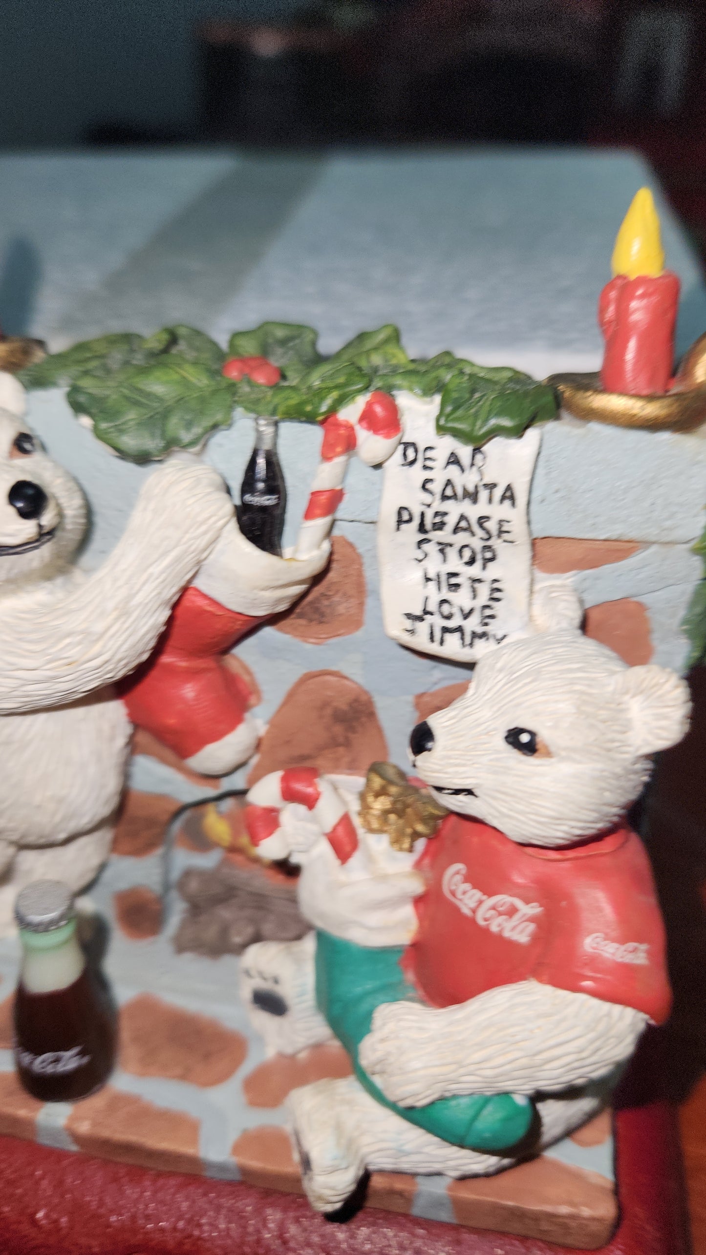 Vintage Coca-Cola Coke Cast Iron Stocking Holder - 1997 Bears at Fireplace cc262