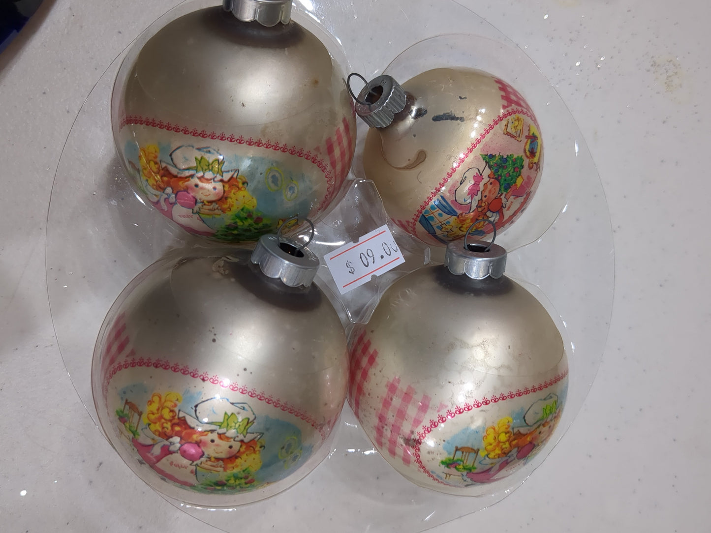 Vintage Coby Polly Pal Glass Christmas Ornaments set of three matching 3" and one 2 1/4" USA Made