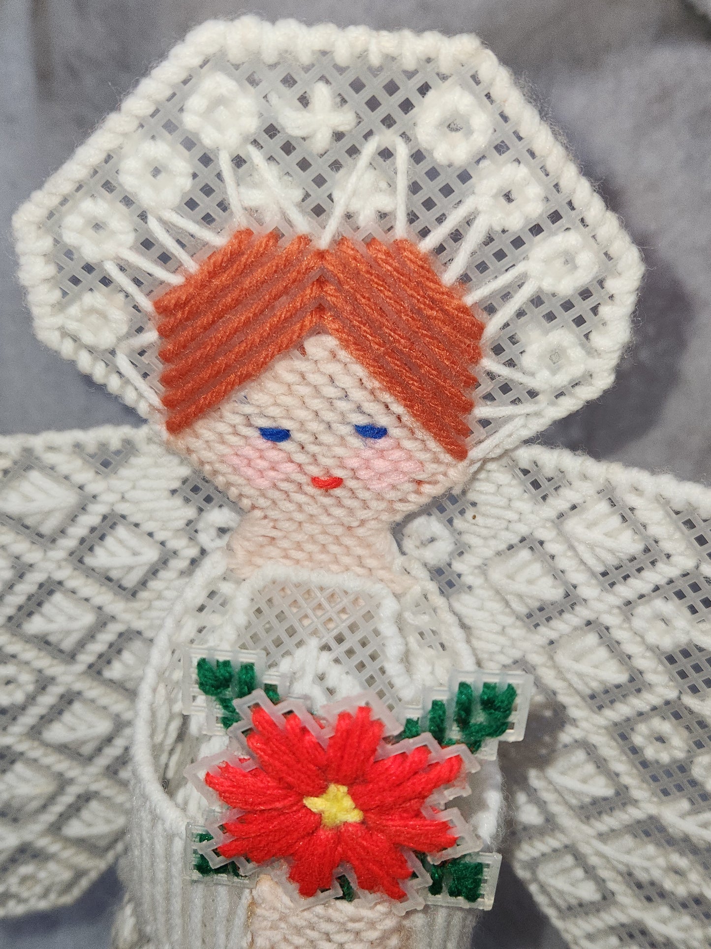 Vintage Handmade Canvas Angel Tree Topper Poinsettia ch787