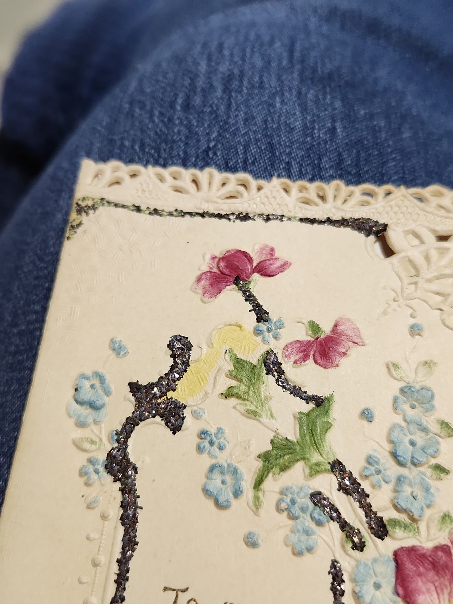 Antique Valentine Card Embossed, Mica, Flowers, To my Valentine