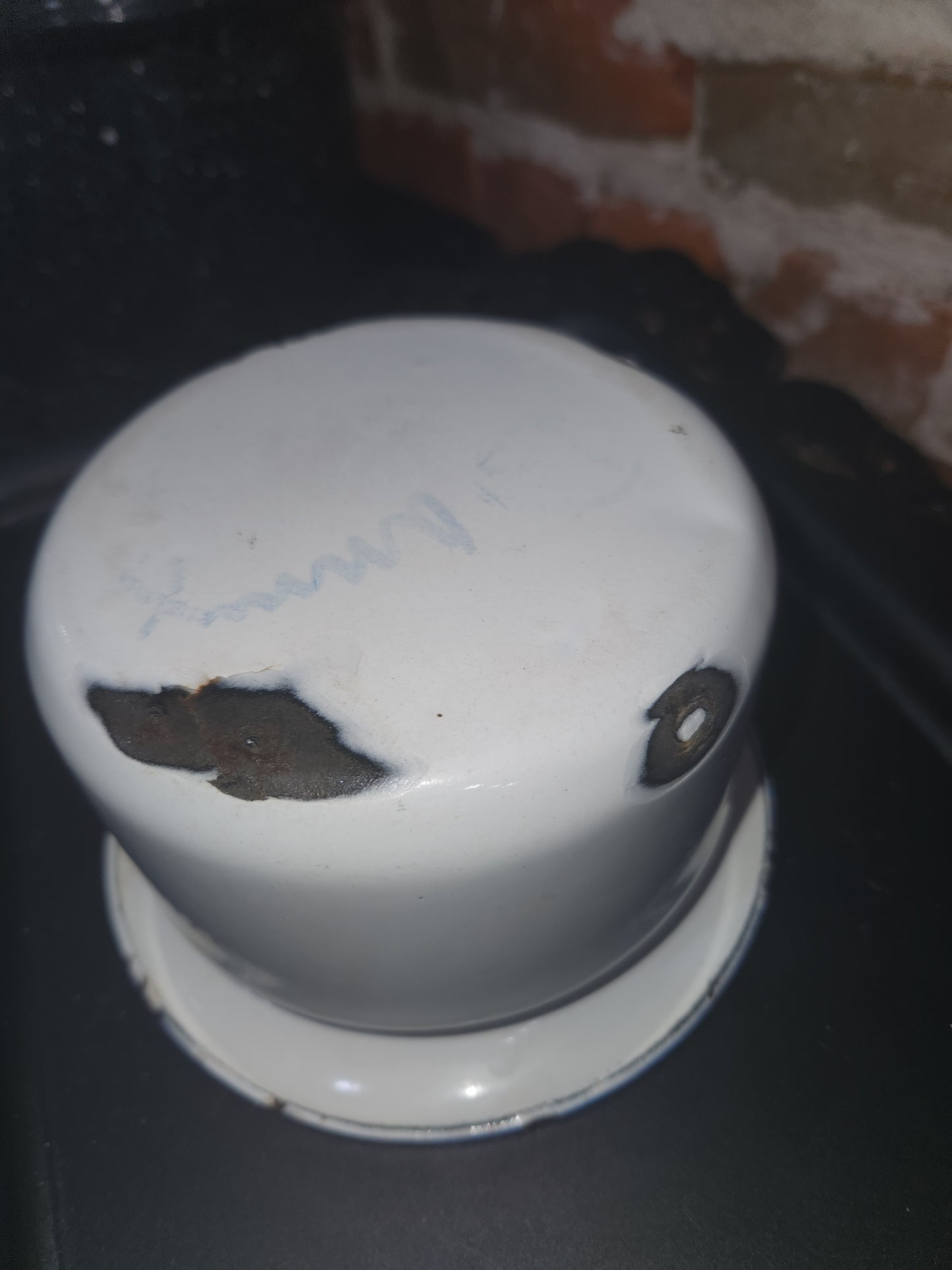 Antique enamel enamelware childrens chamber pot white with lighter blue trim enm8