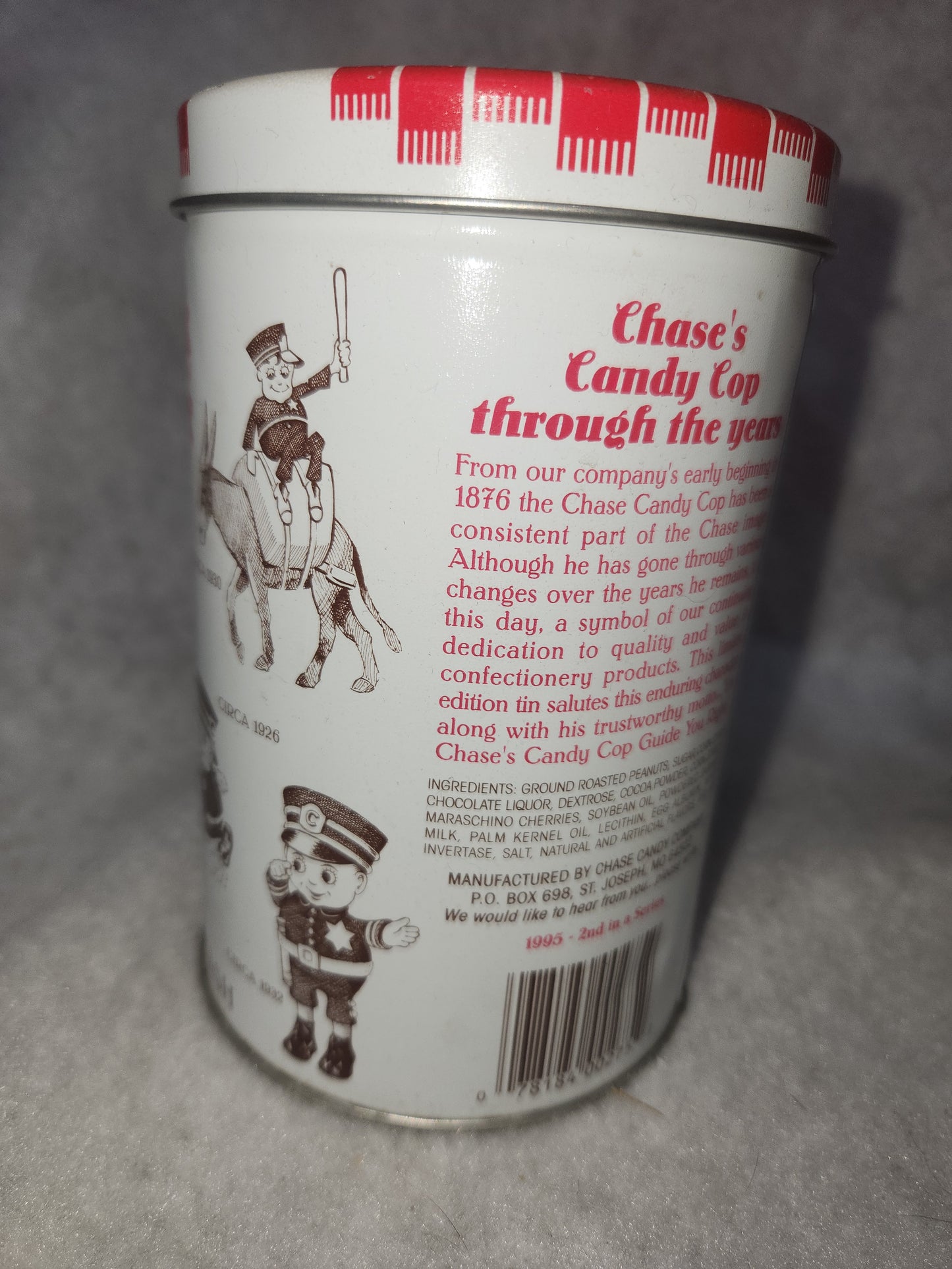 Vintage 1995 EMPTY tin Chase’s Cherry Mash 12 OZ.  Chase’s Candy Cop tin551