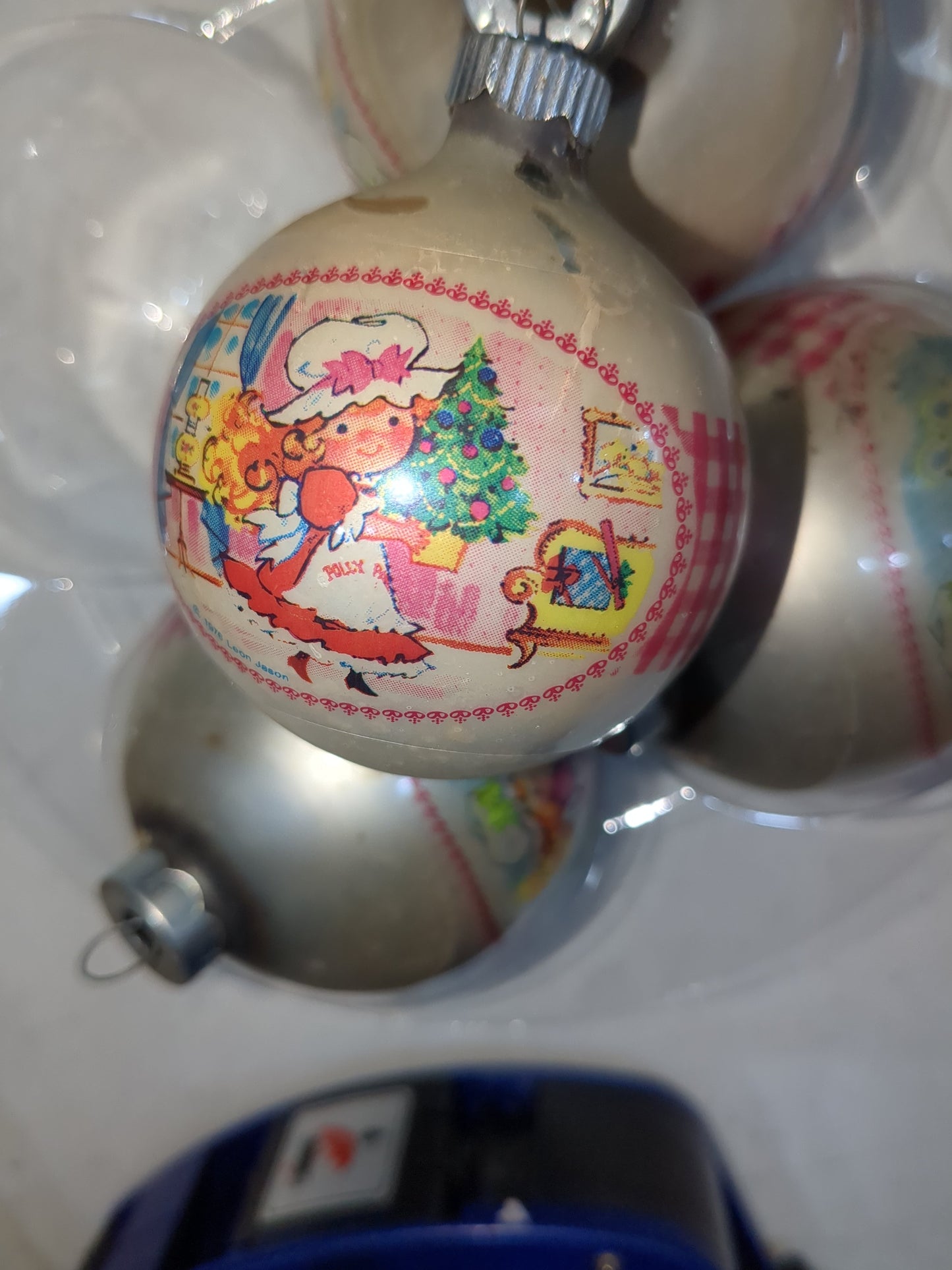 Vintage Coby Polly Pal Glass Christmas Ornaments set of three matching 3" and one 2 1/4" USA Made