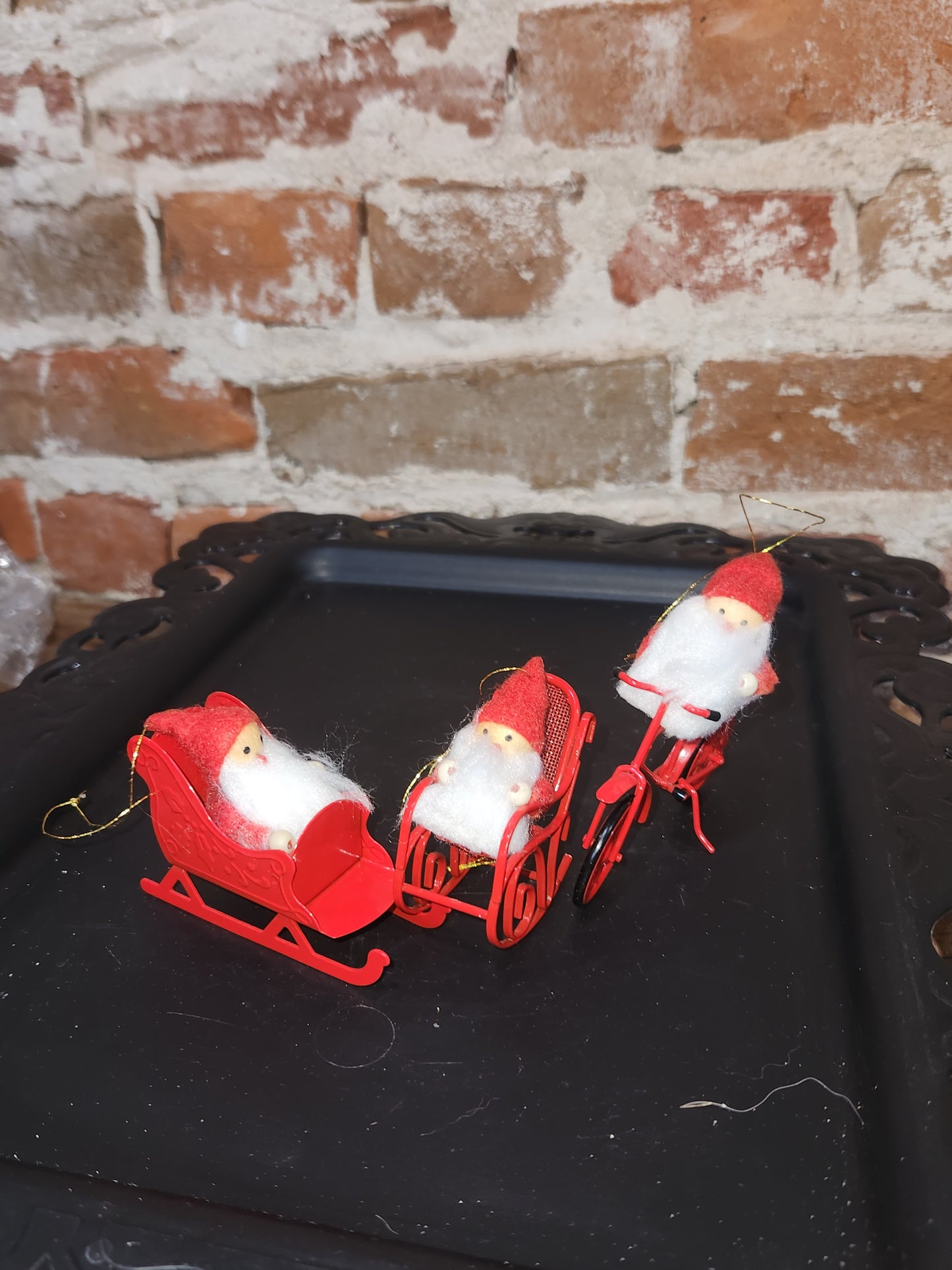 vintage set of 3 Avon Frolicking felt Santa ornaments sleigh rocking chair bike sfa3