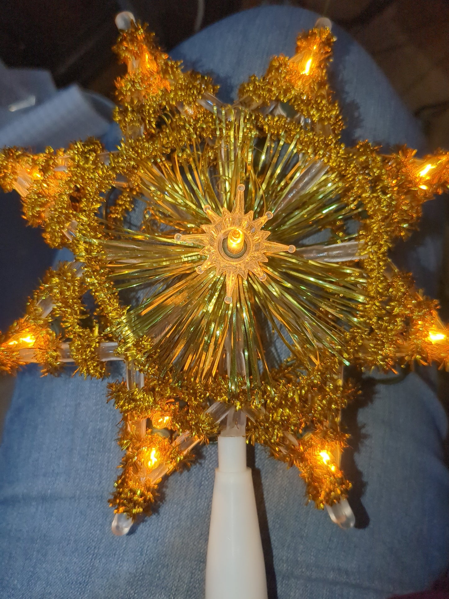 111 Vintage Christmas Tree Topper Santa Trim 10 Lights Tree Top Box gold tinsel tt564