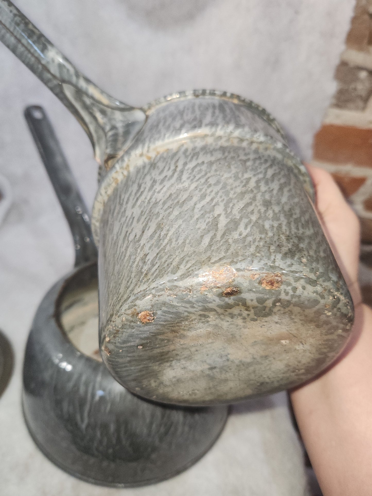 Vintage Primitive Graniteware Enamelware Double Boiler Pot Light Grey Dark Grey Speckled en88