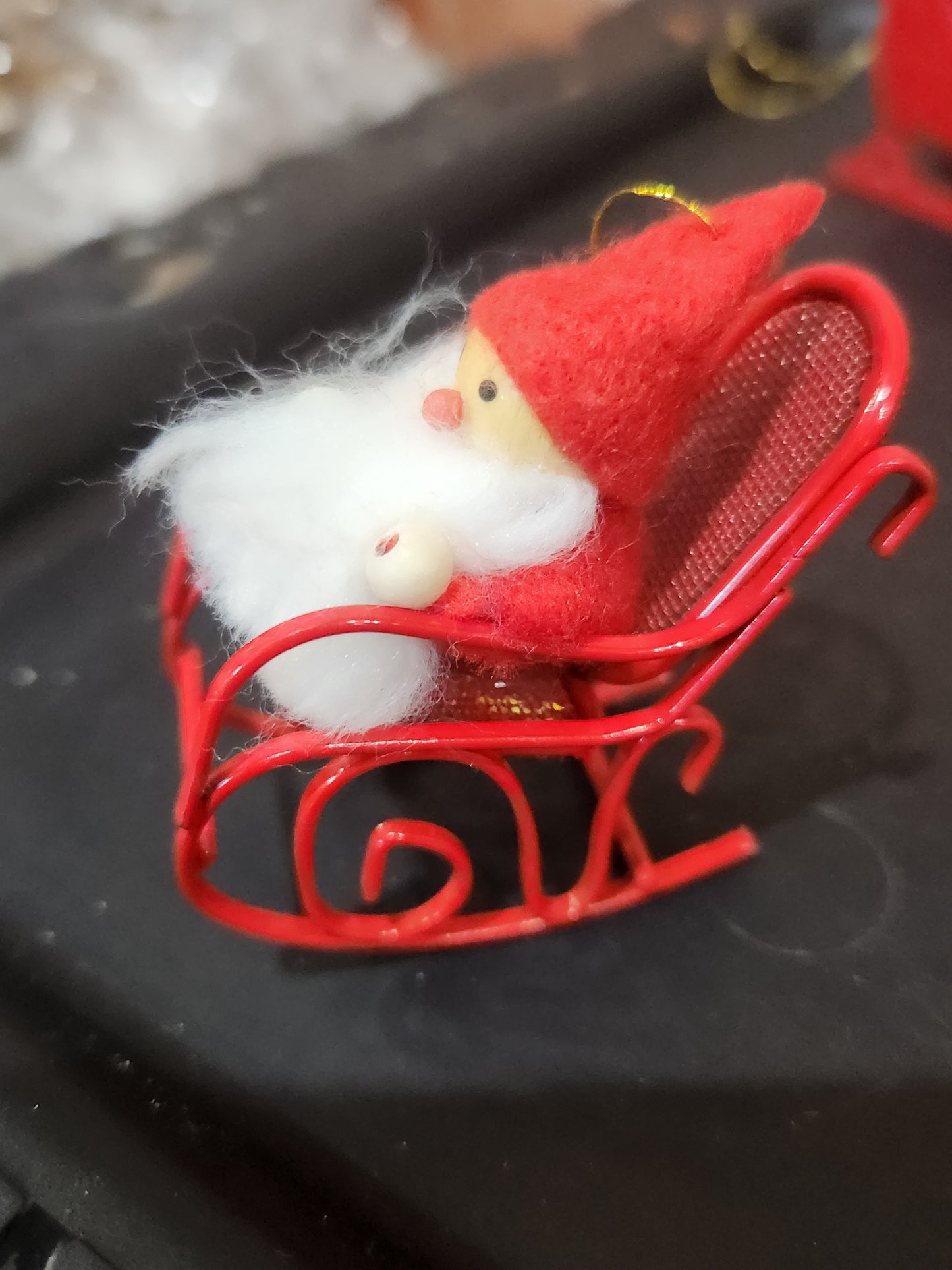 vintage set of 3 Avon Frolicking felt Santa ornaments sleigh rocking chair bike sfa3