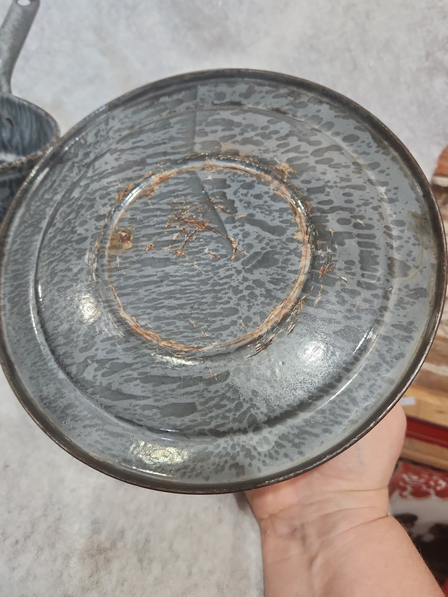 Vintage Primitive Graniteware Enamelware Double Boiler Pot Light Grey Dark Grey Speckled en88