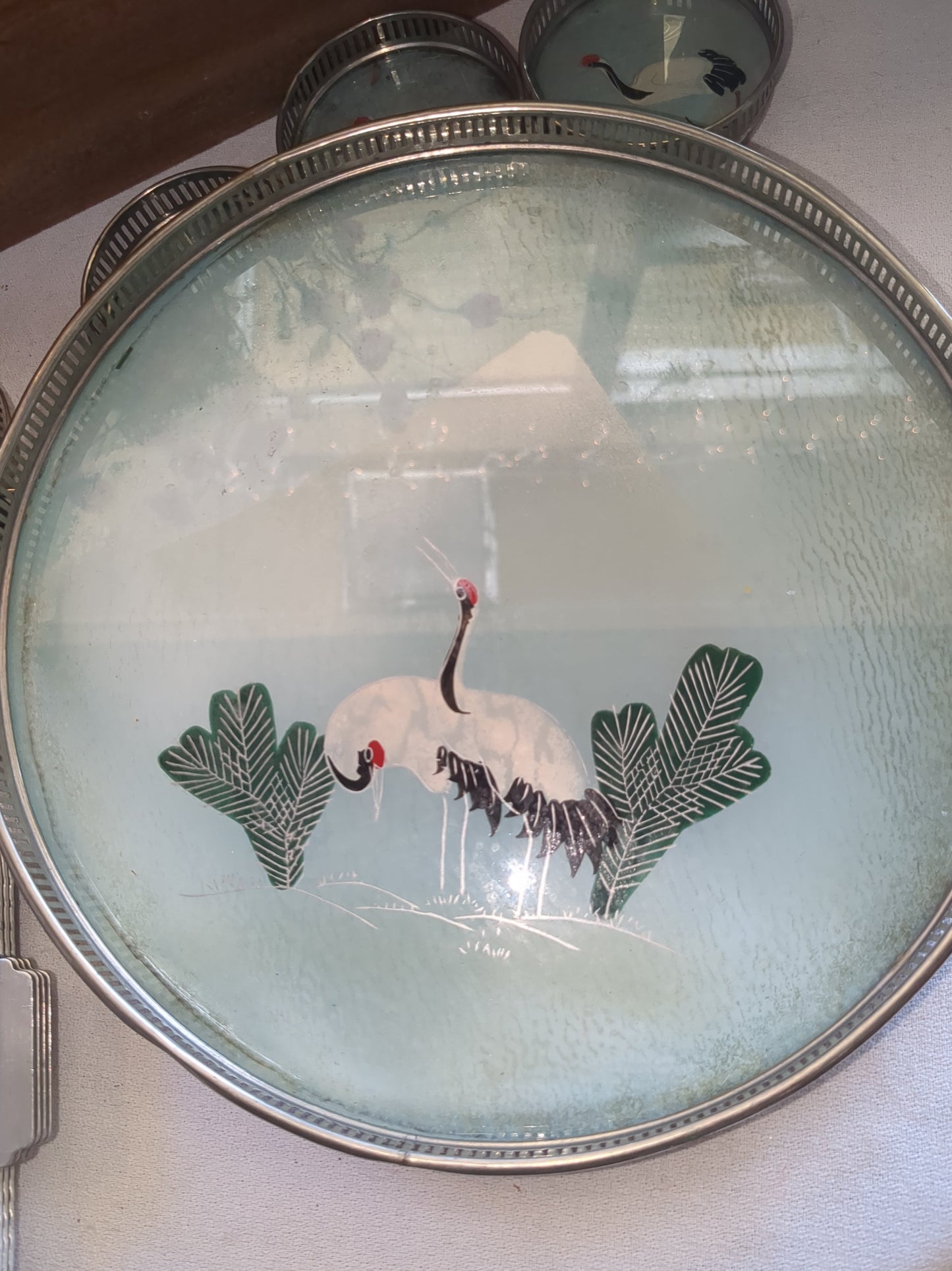Vintage glass serving tray made in Japan with sandhill cranes on it includes five coasters