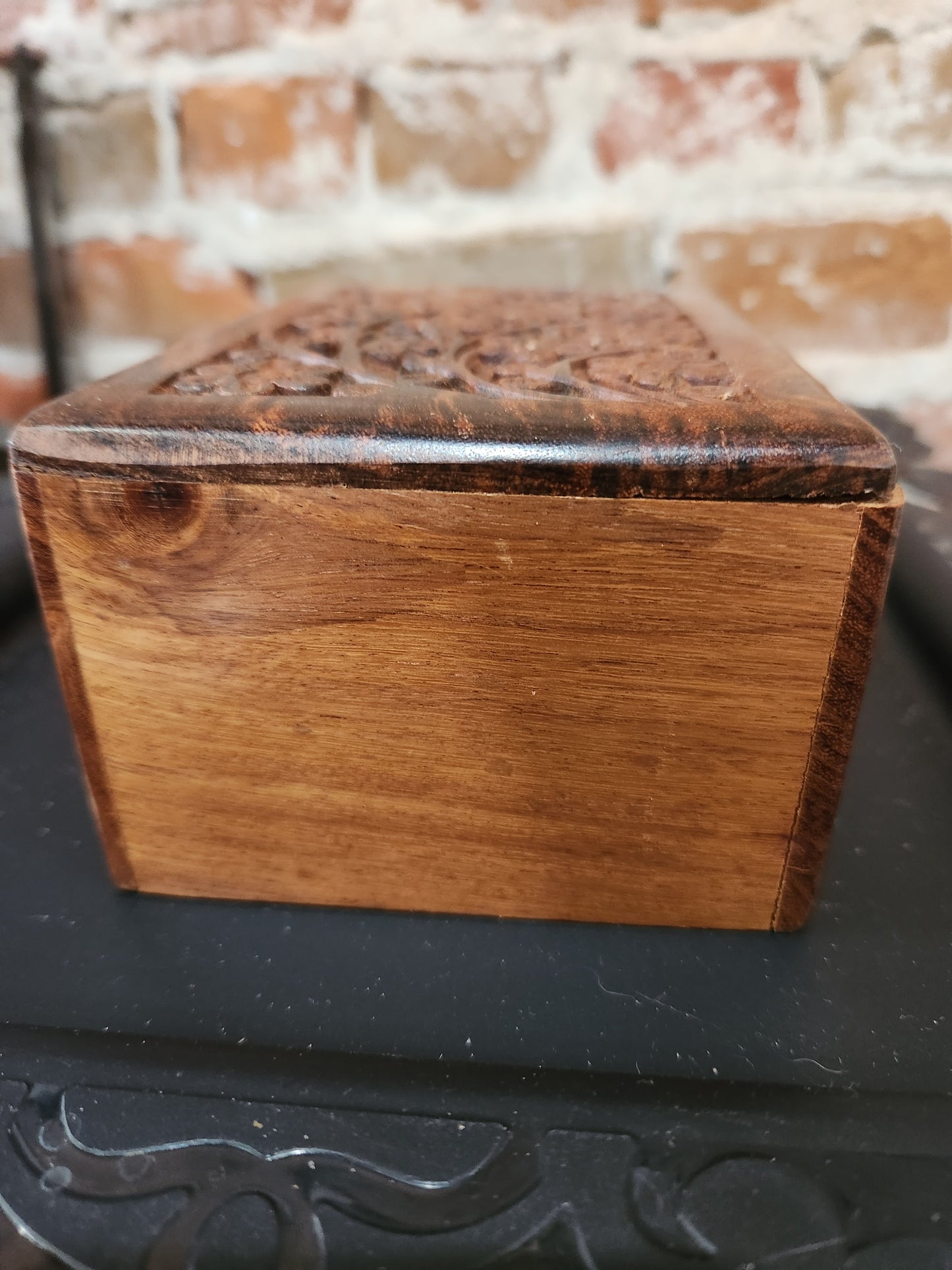Vintage Hand Craved Wooden Box Lid Opening on Bottom Floral Design box45